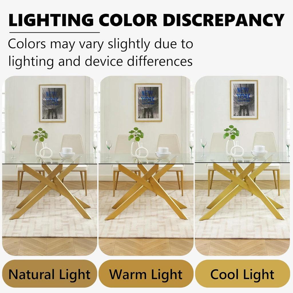 Rectangular Tempered Glass Dining Table Gold Finish