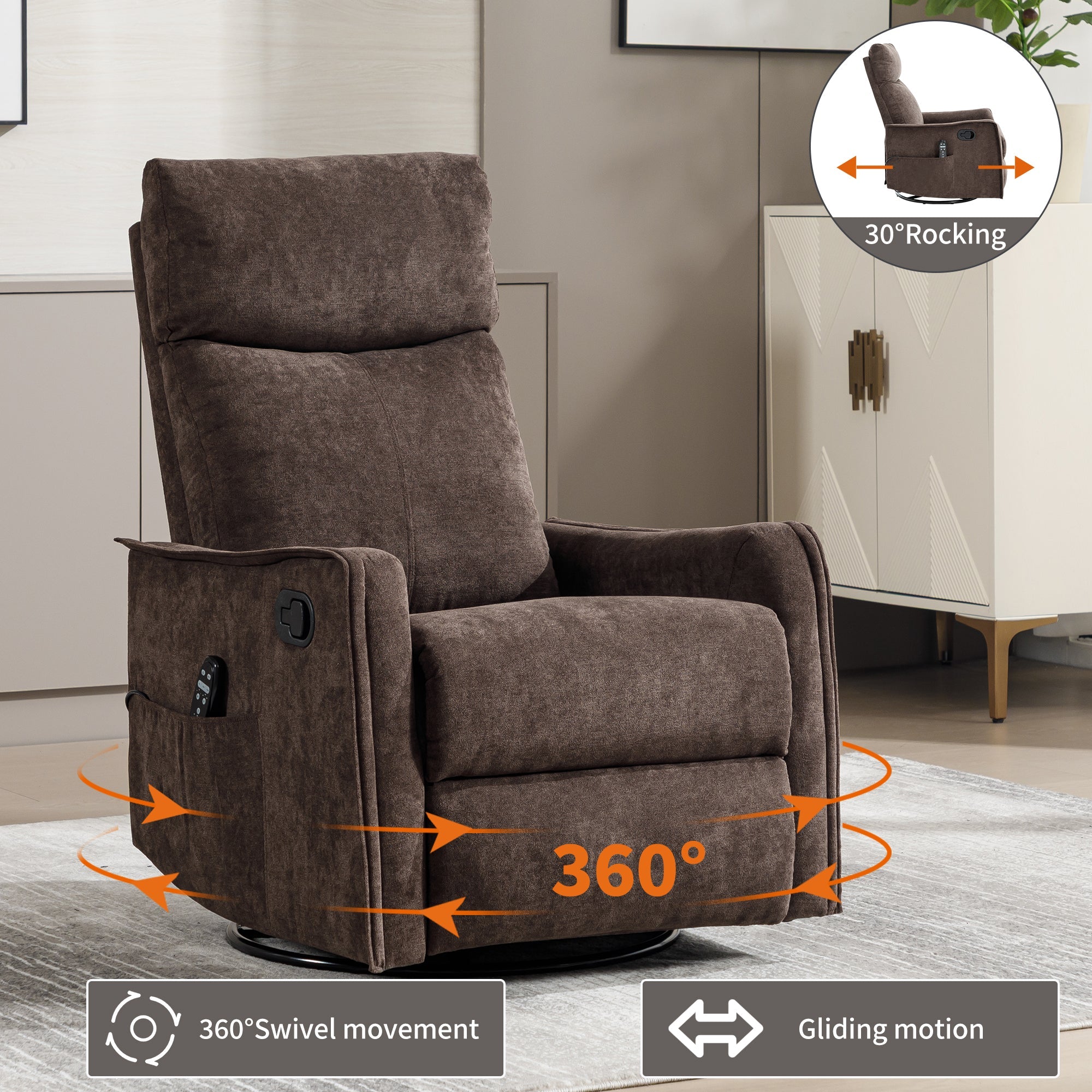 Recliner Chair Swivel Rocker Polyester Brown 360 Degree Heat Massage 155