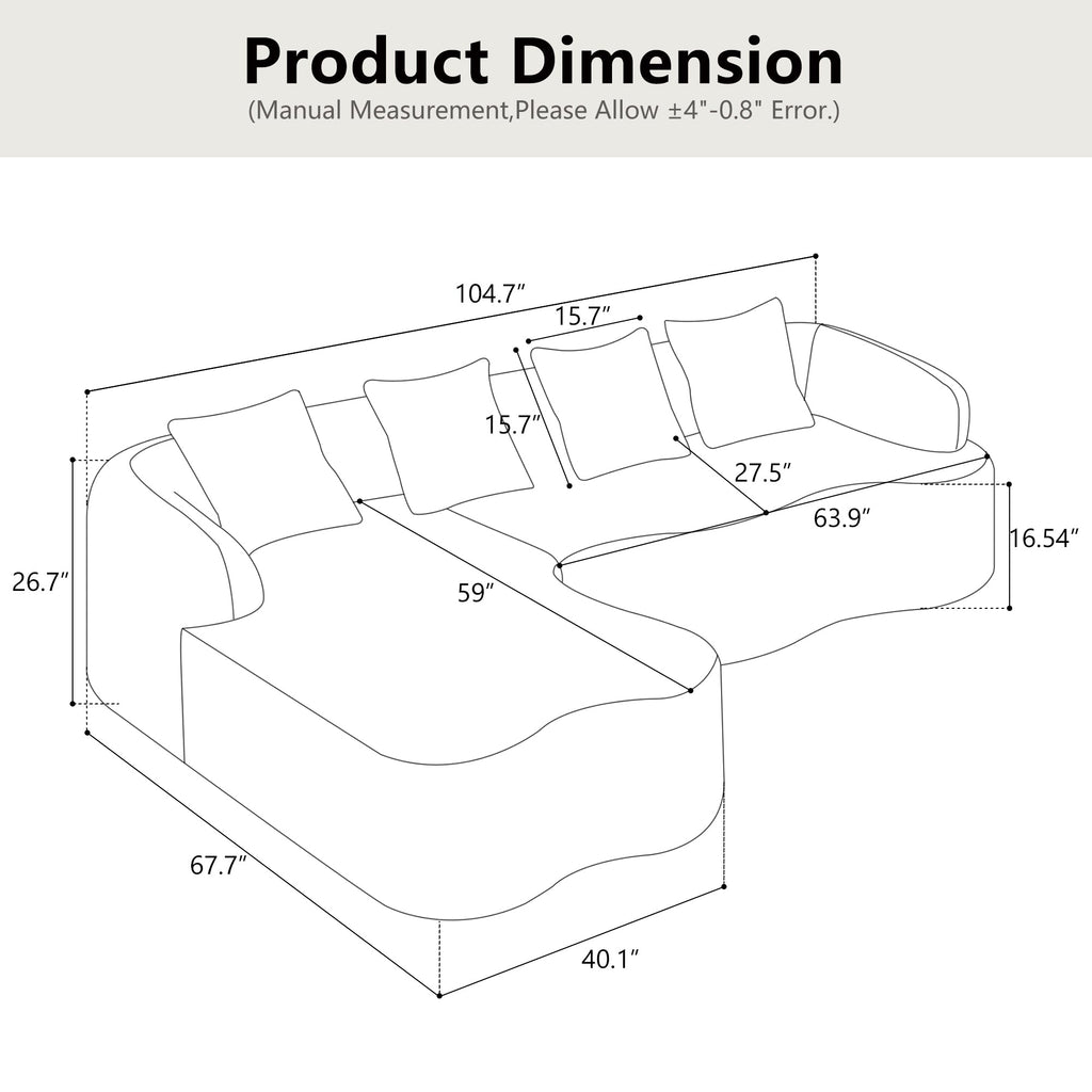 Full Compression L-Shape Sectional Sofa with Curved Chaise, Grey Modular Chenille Couch, High-Density for Apartment Living Room
