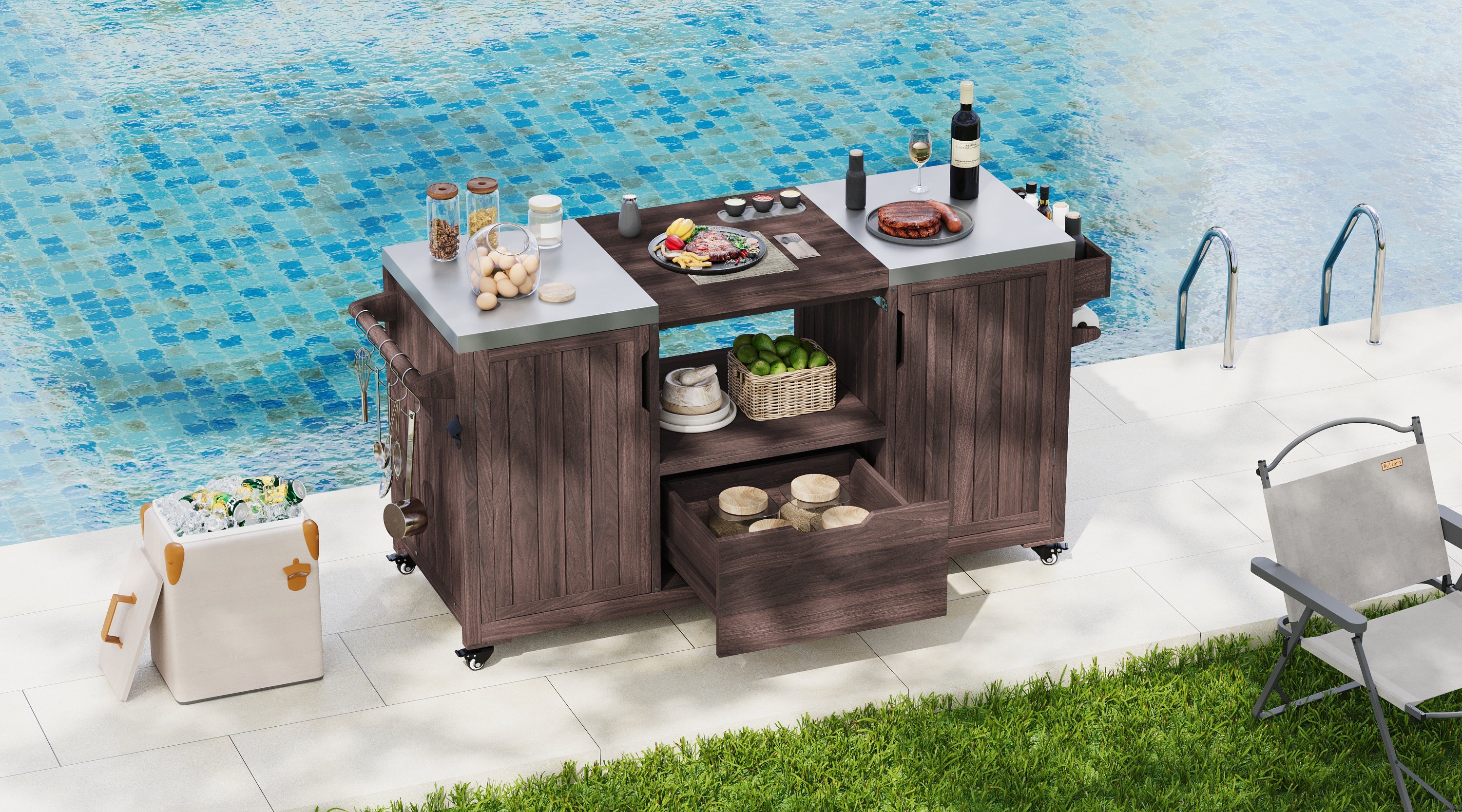 Outdoor Kitchen Island Grill Cart Fir Wood Stainless Steel Top 66.5x23x34 In