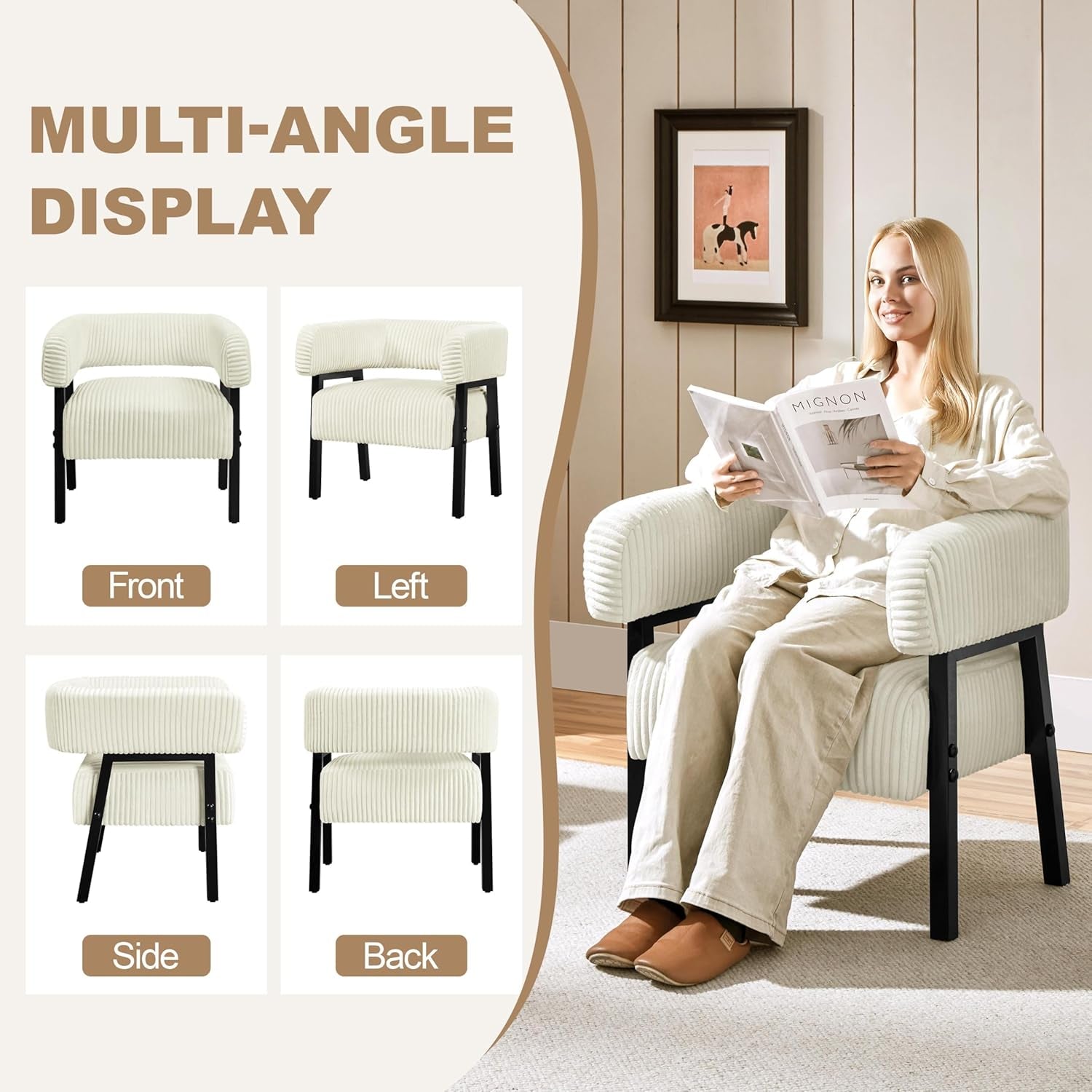 Beige Corduroy Barrel Chair With Pocket Coil Support