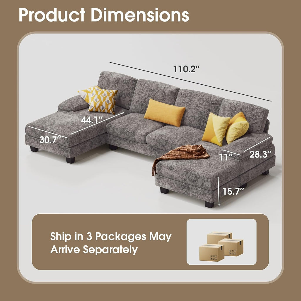Grey Linen U Shaped Sectional Sofa Couch 4 Seat With Double Chaise