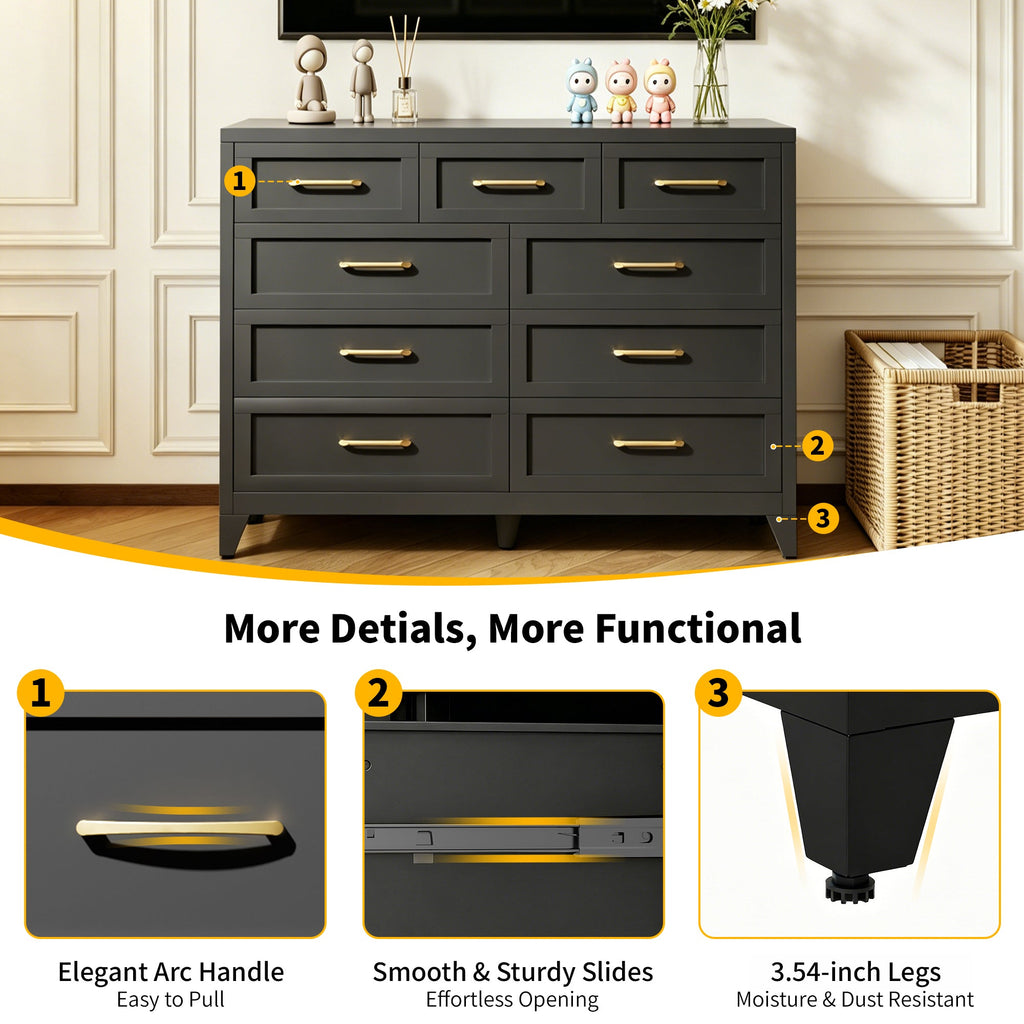 Dresser Tall 9-Drawer Black Steel Smooth-Glide 47.3x15.8x39 In