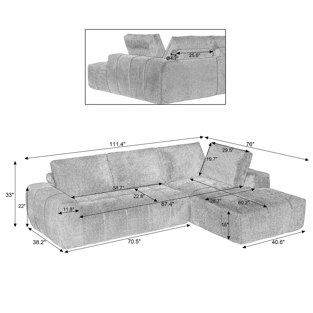 Sectional Sofa l Shape Faux Fur Oversized Sleeper