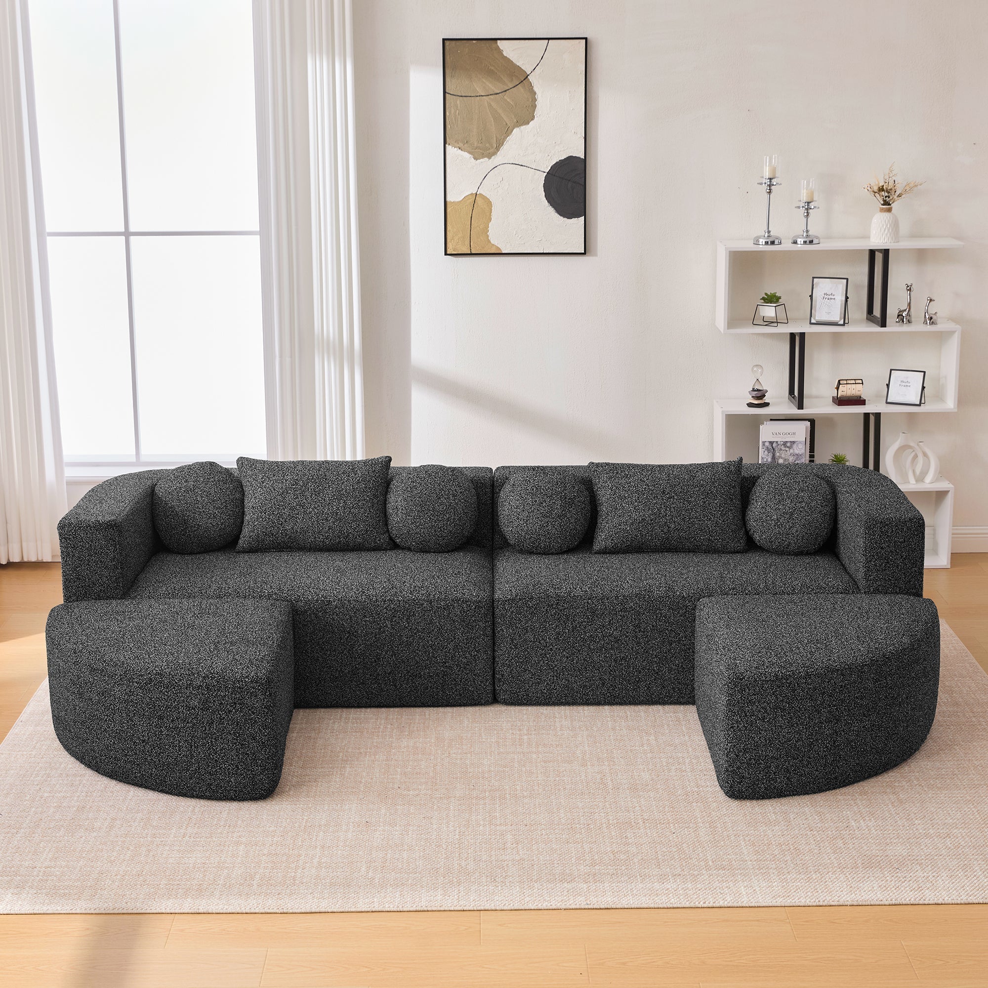 Sectional Sofa U-Shape Modular Boucle Black 6-Seat Deep Seating 114.9x64.5 In