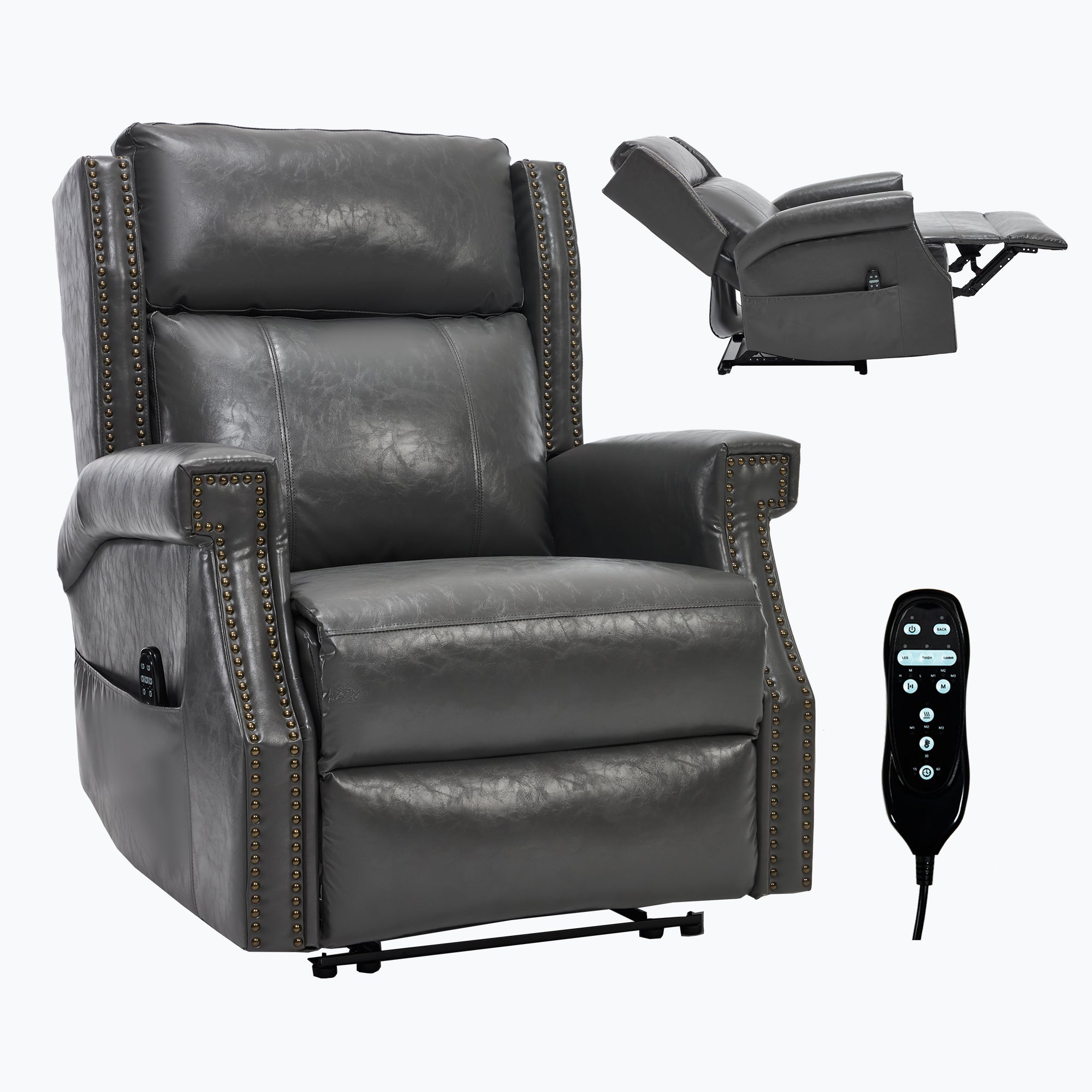 Recliner Chair Manual Faux Leather Gray Heat Massage 155 Degree 8 Nodes