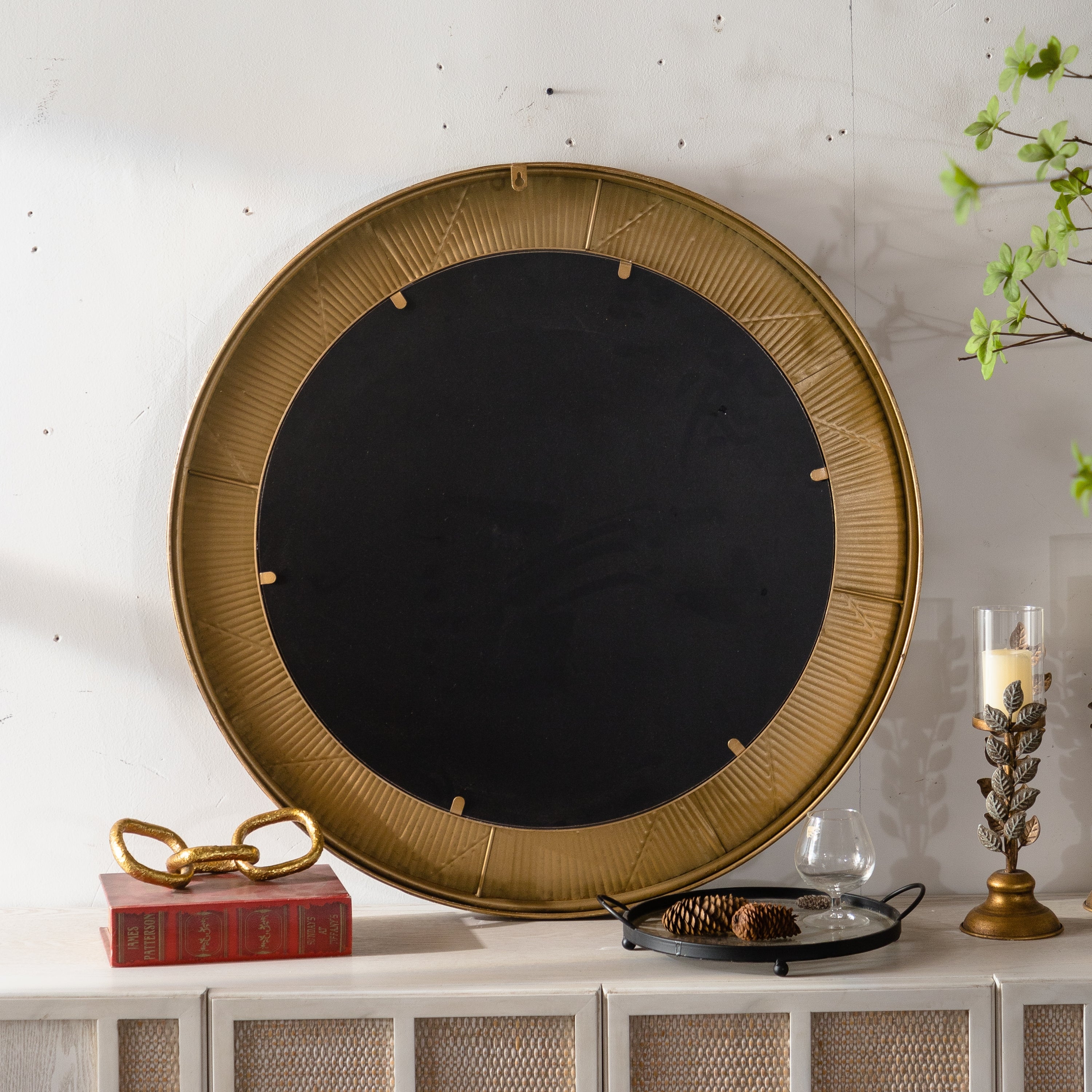 Wall Mirror Round Boho Gold Textured Iron Frame 31.3 Inch Living Room