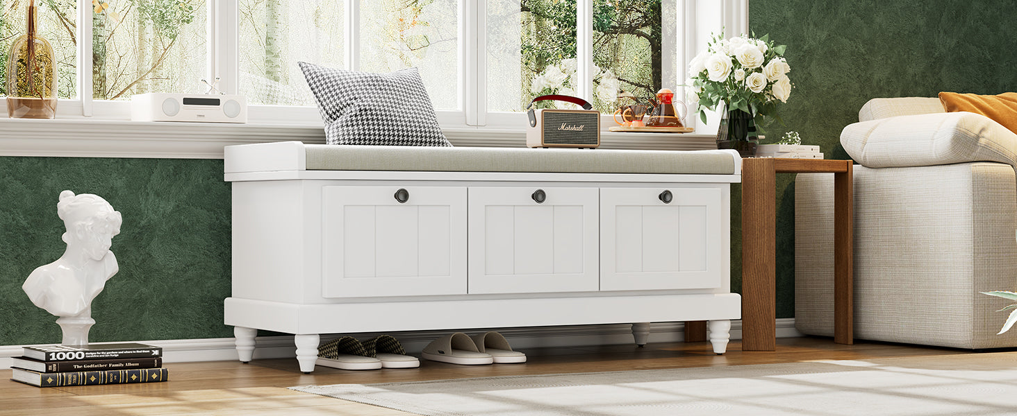 Entry Bench Fluted MDF White Cushioned Seat 3 Drawers 44x16x19 In 220 LB