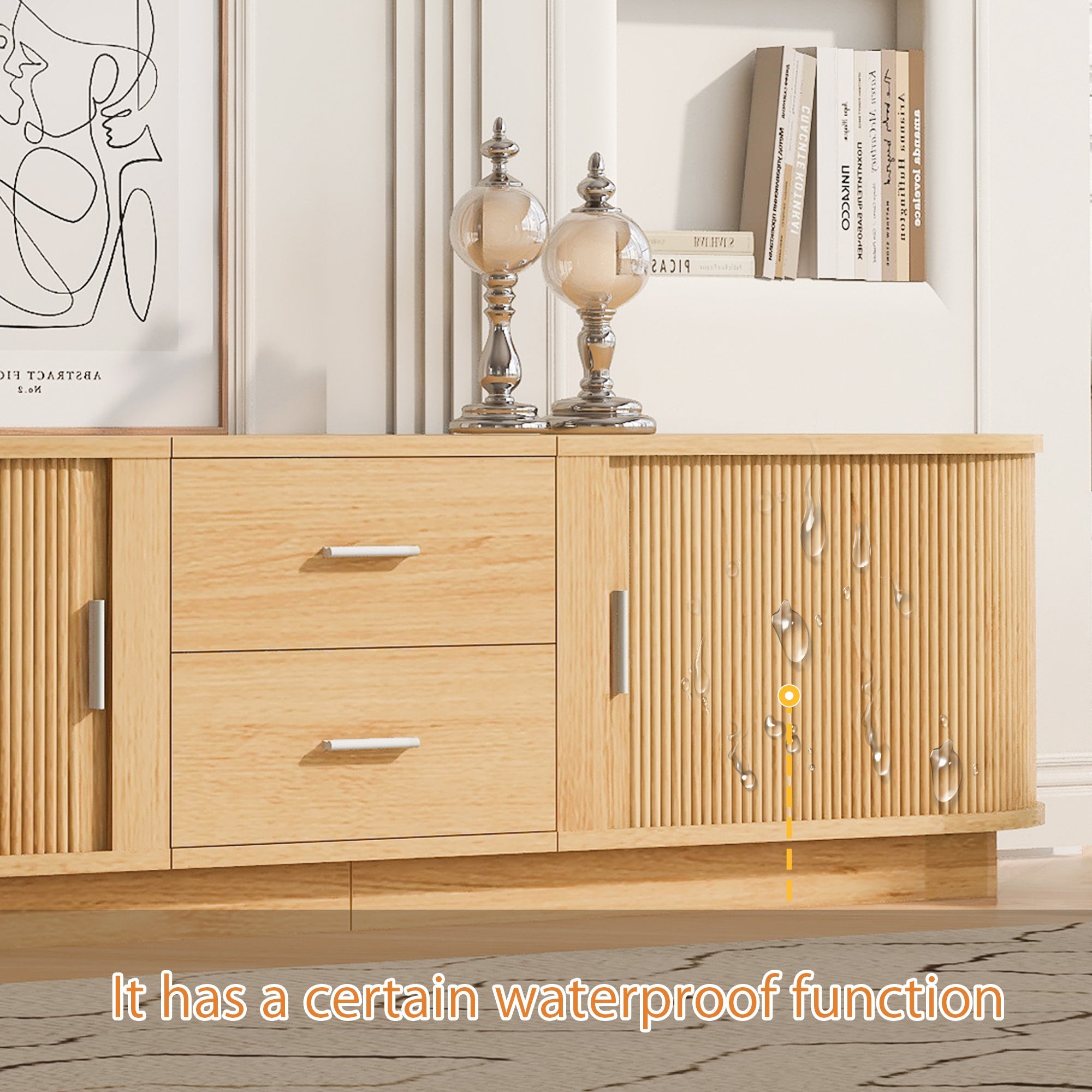 TV Stand American Style Acacia MDF Sliding Door Rounded Corners Fits 75 In TV