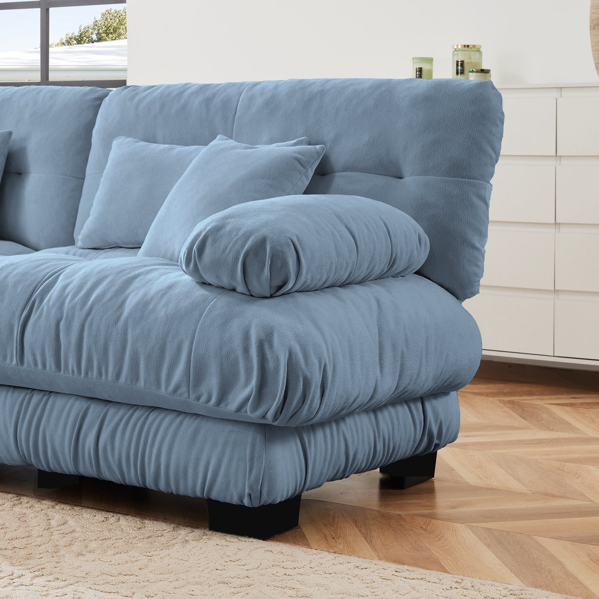 Sectional Sofa Cloud Chenille Blue 2 Seat Convertible Ottoman