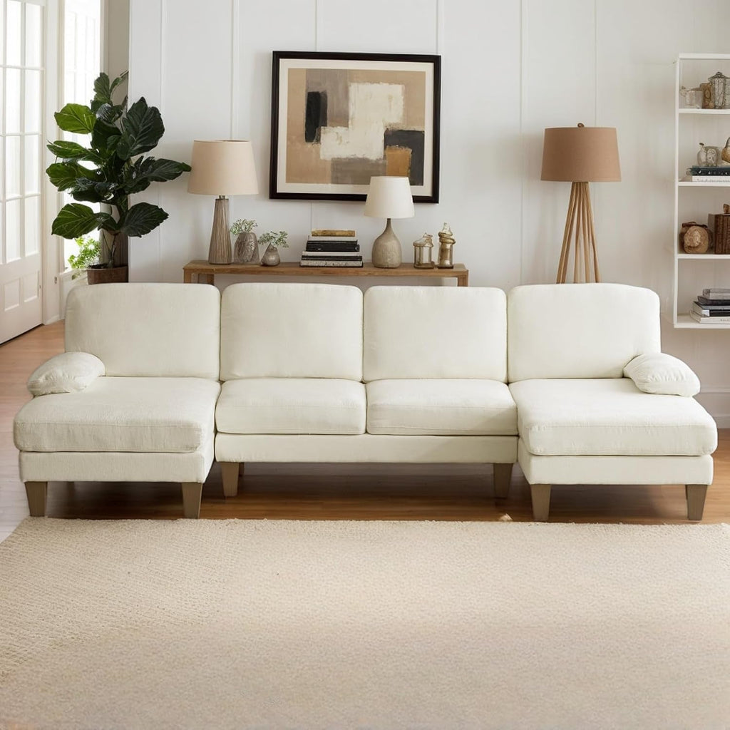 U Shape Sectional Sofa 111 Inch Beige Chenille Convertible