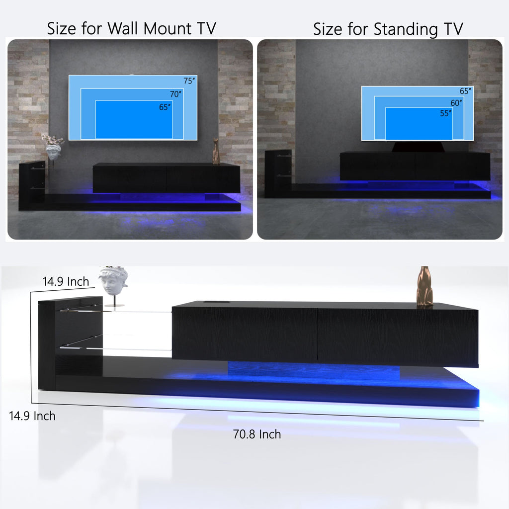TV Stand LED Black Particle Board Tempered Glass Shelves Fits 75 In TV