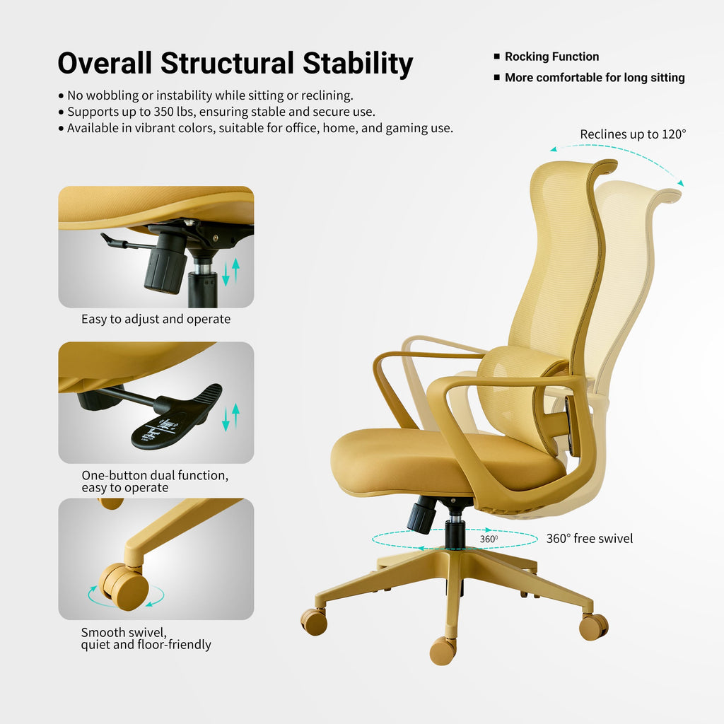 Ergonomic Office Chair Mesh High-Back Yellow 350 LB Lumbar Support Swivel