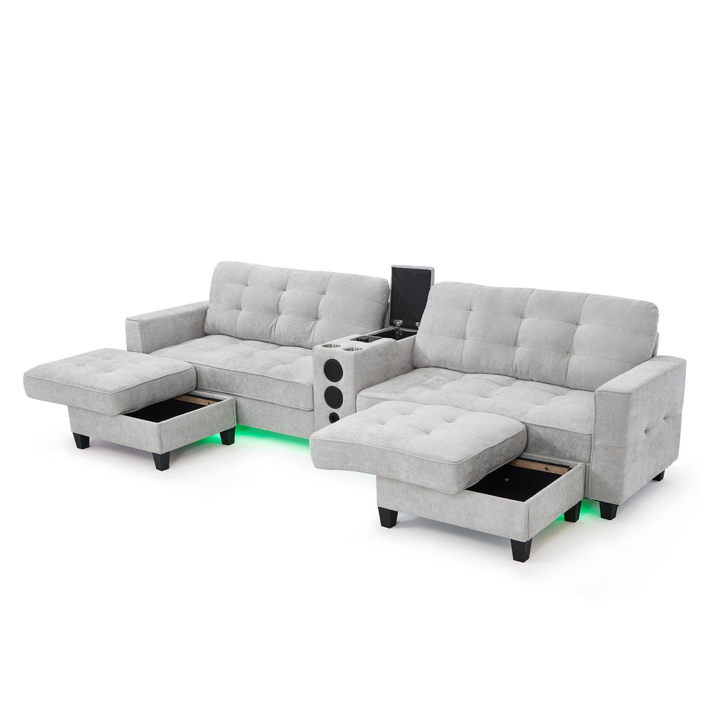 Sectional Sofa U-Shape Chenille Light Gray 6 Seat Bluetooth 126 In