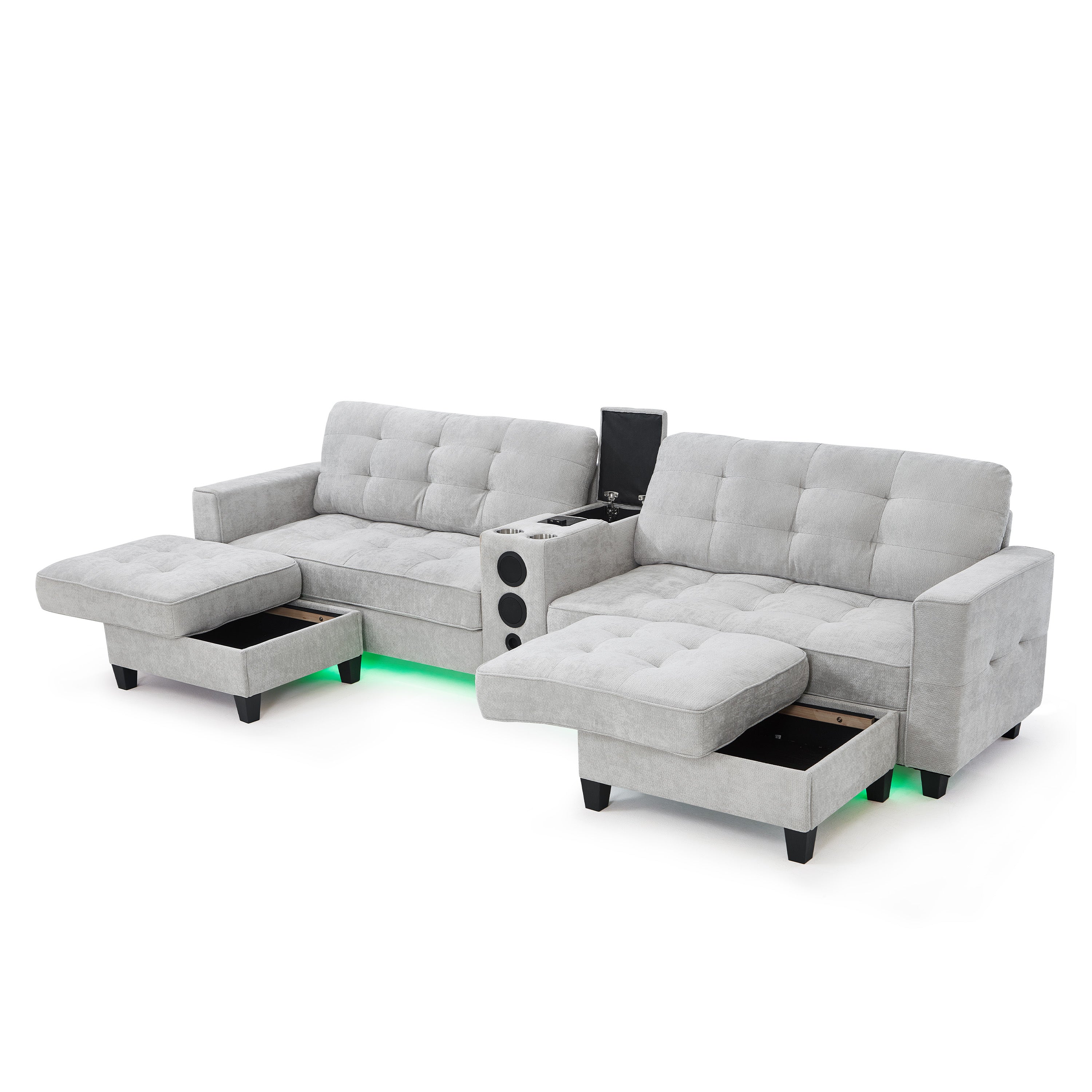 Sectional Sofa U-Shape Chenille Light Gray 6 Seat Bluetooth 126 In