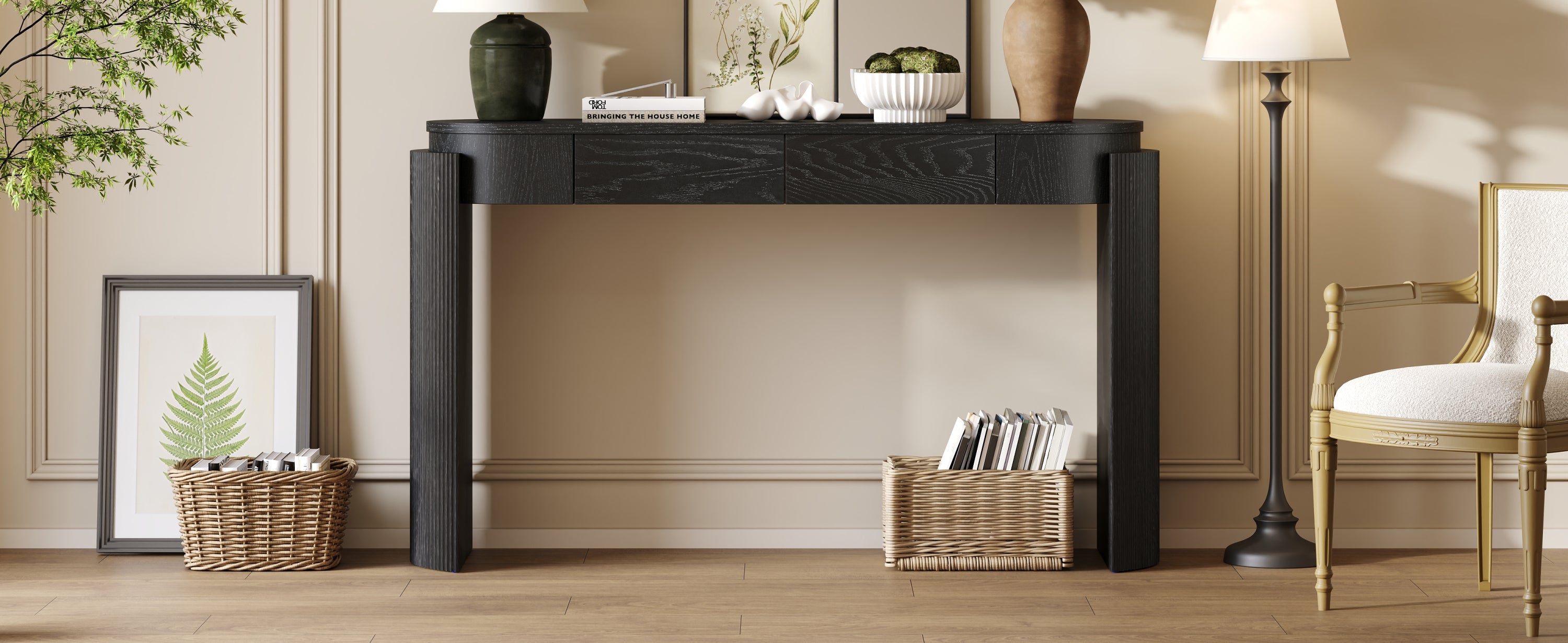 TREXM Entryway Table with Natural Wood Grain Finish, Console Table with Fluted Design, Oval Top and 2 Drawers for Entryway and Living Room (Black)