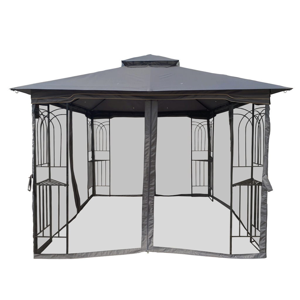 Gazebo Steel Gray 10x10 Ft Double Vented Roof Mesh Sidewalls UV-Resistant