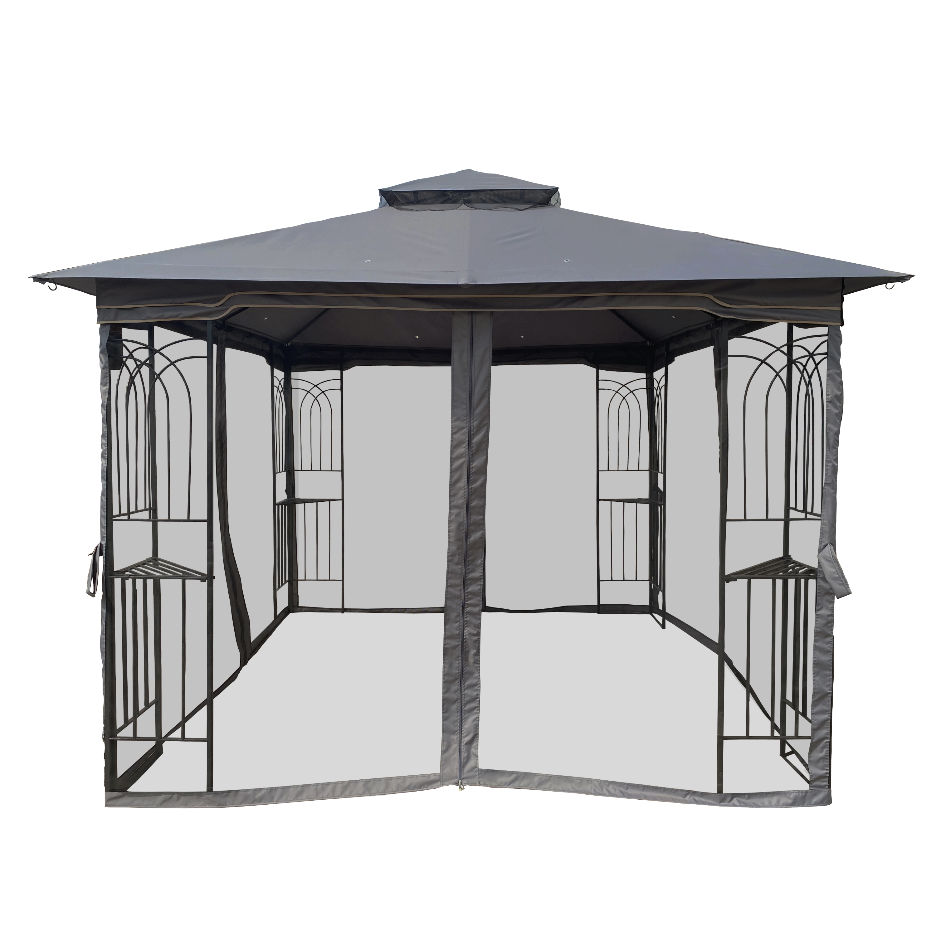 Gazebo Steel Gray 10x10 Ft Double Vented Roof Mesh Sidewalls UV-Resistant