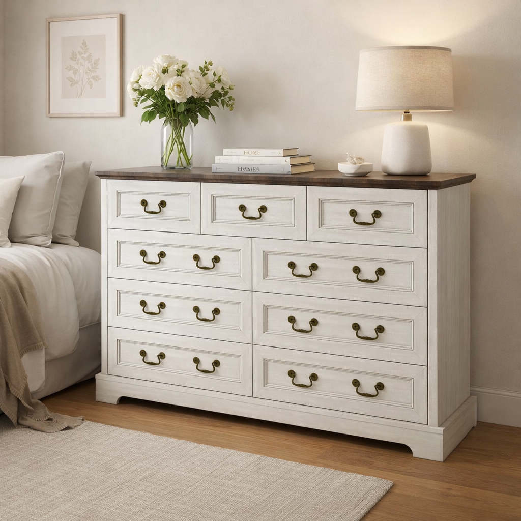 Dresser Farmhouse 9-Drawer Antique Gray MDF Brass Handles 55.1x37.2 In