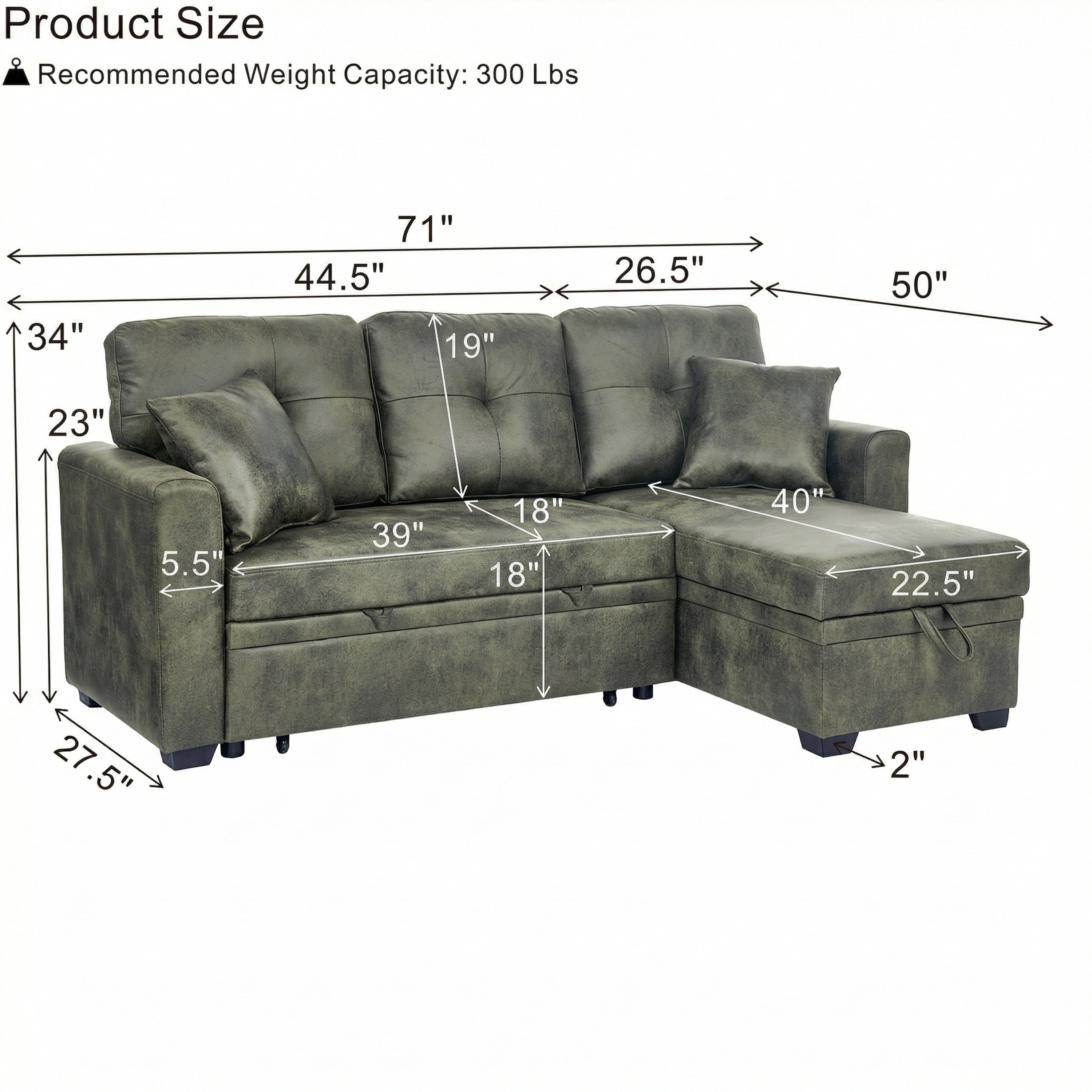 Sectional Sofa l Shaped Olive Green Fabric Sleeper with Small Space Solution