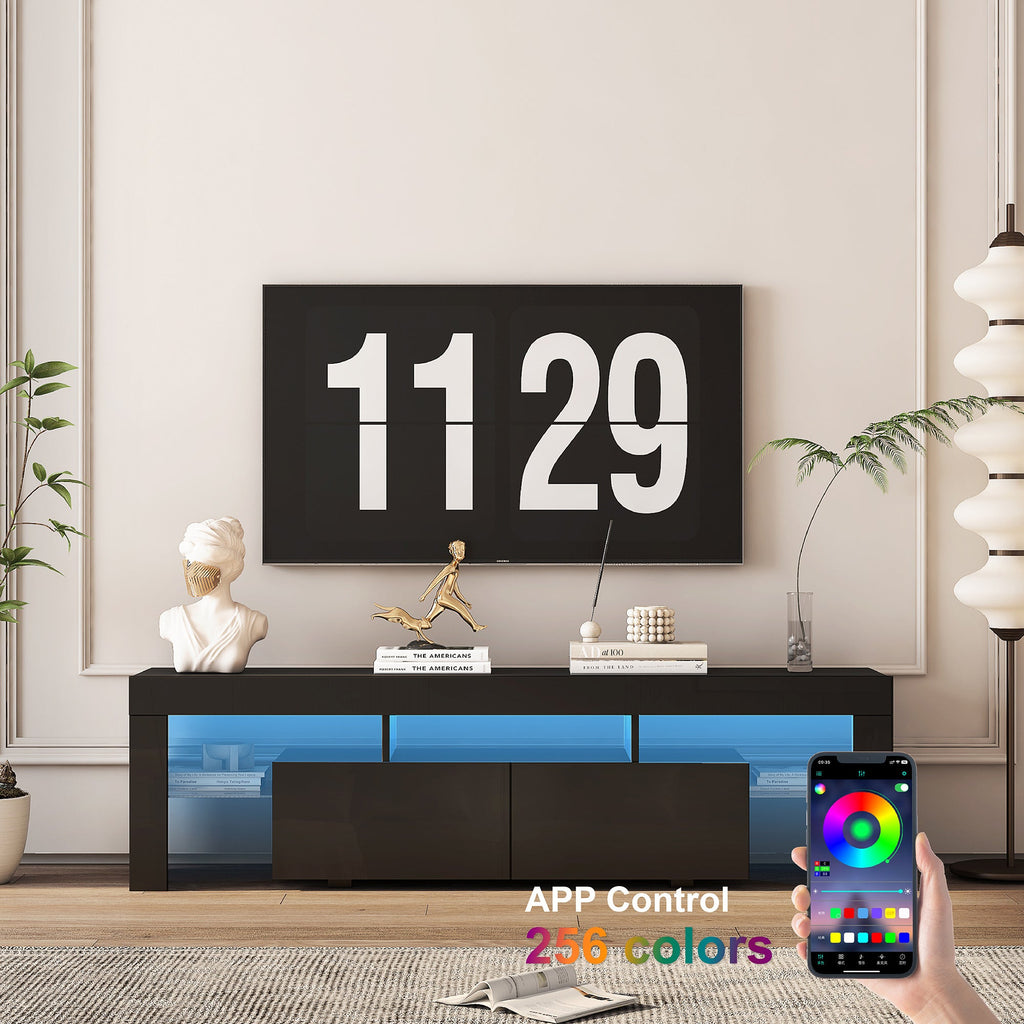 TV Stand High Gloss LED Black MDF Storage Cabinet Fits 65 In TV