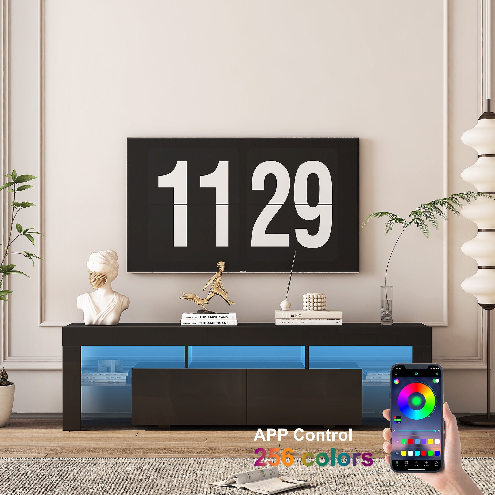 TV Stand High Gloss LED Black MDF Storage Cabinet Fits 65 In TV