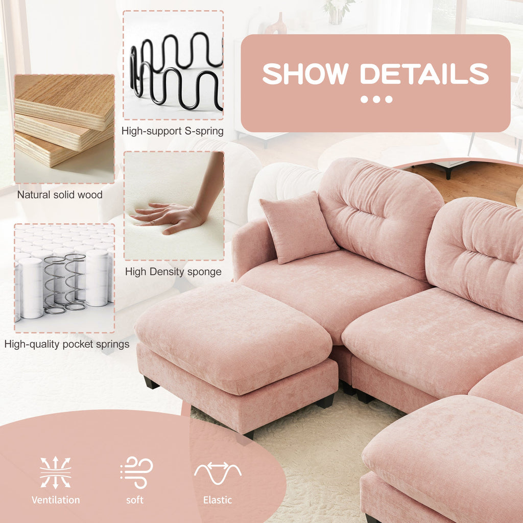 Sectional Sofa Modular Chenille Pink 3-Seat Tufted Pleated Cloud Style