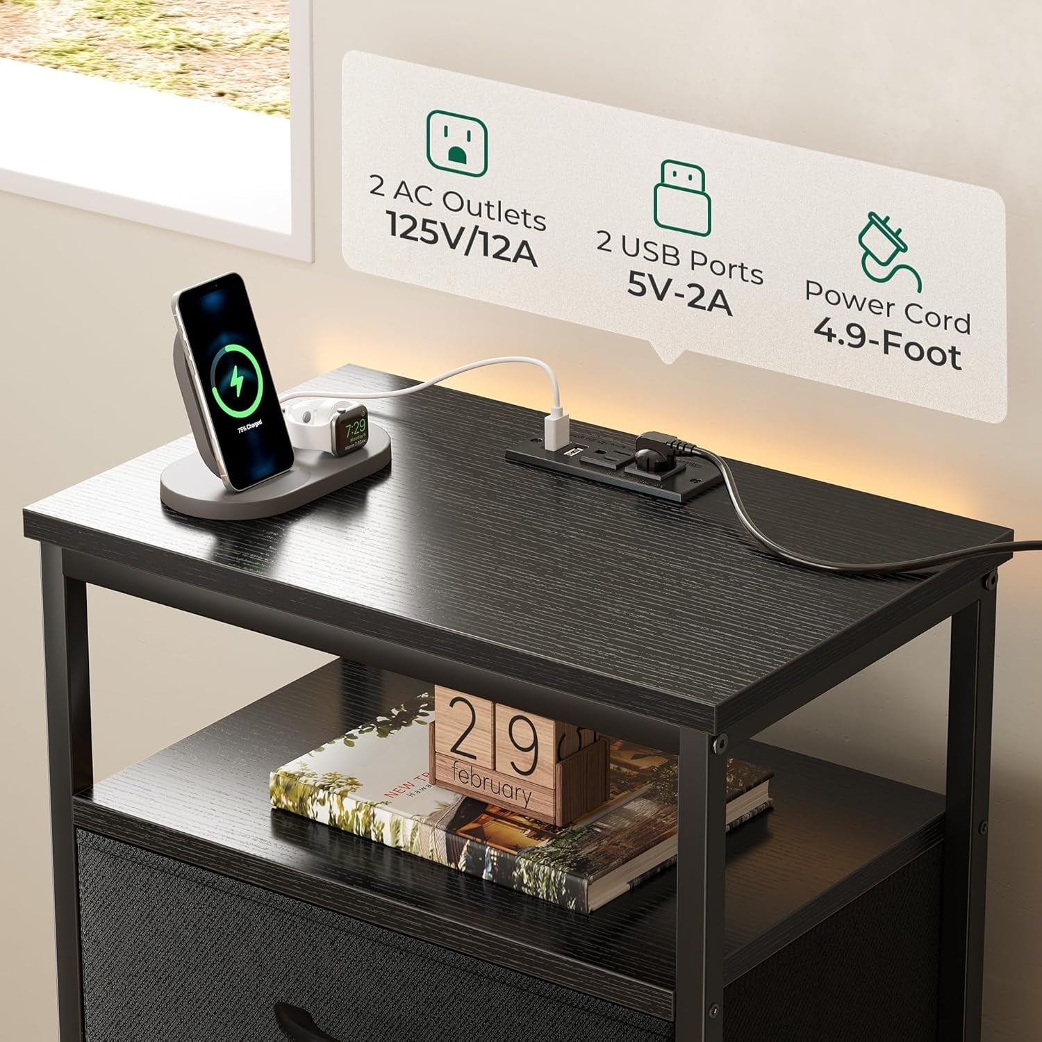 Black Five Drawer Dresser With Integrated Charging Station