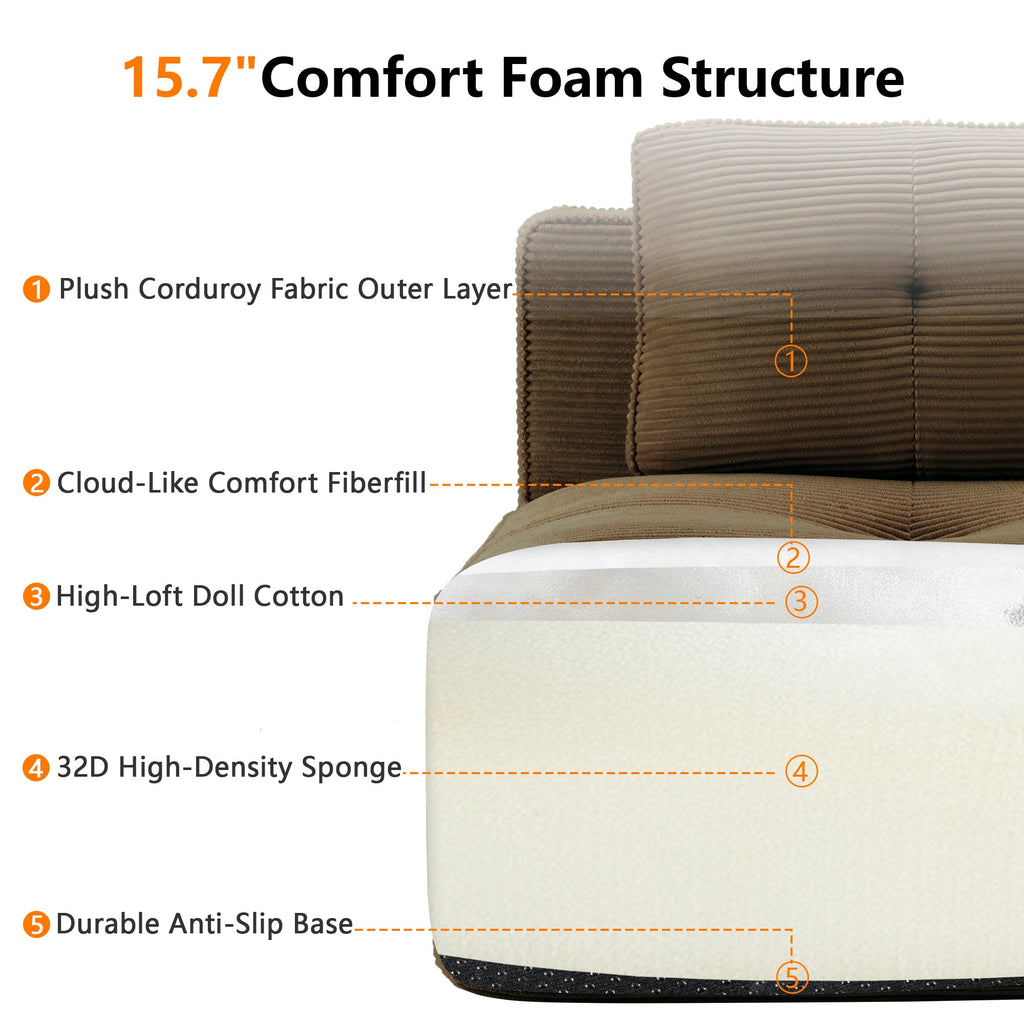 Sectional Sofa L-Shape Corduroy Brown 3 Seat Modular with Ottoman