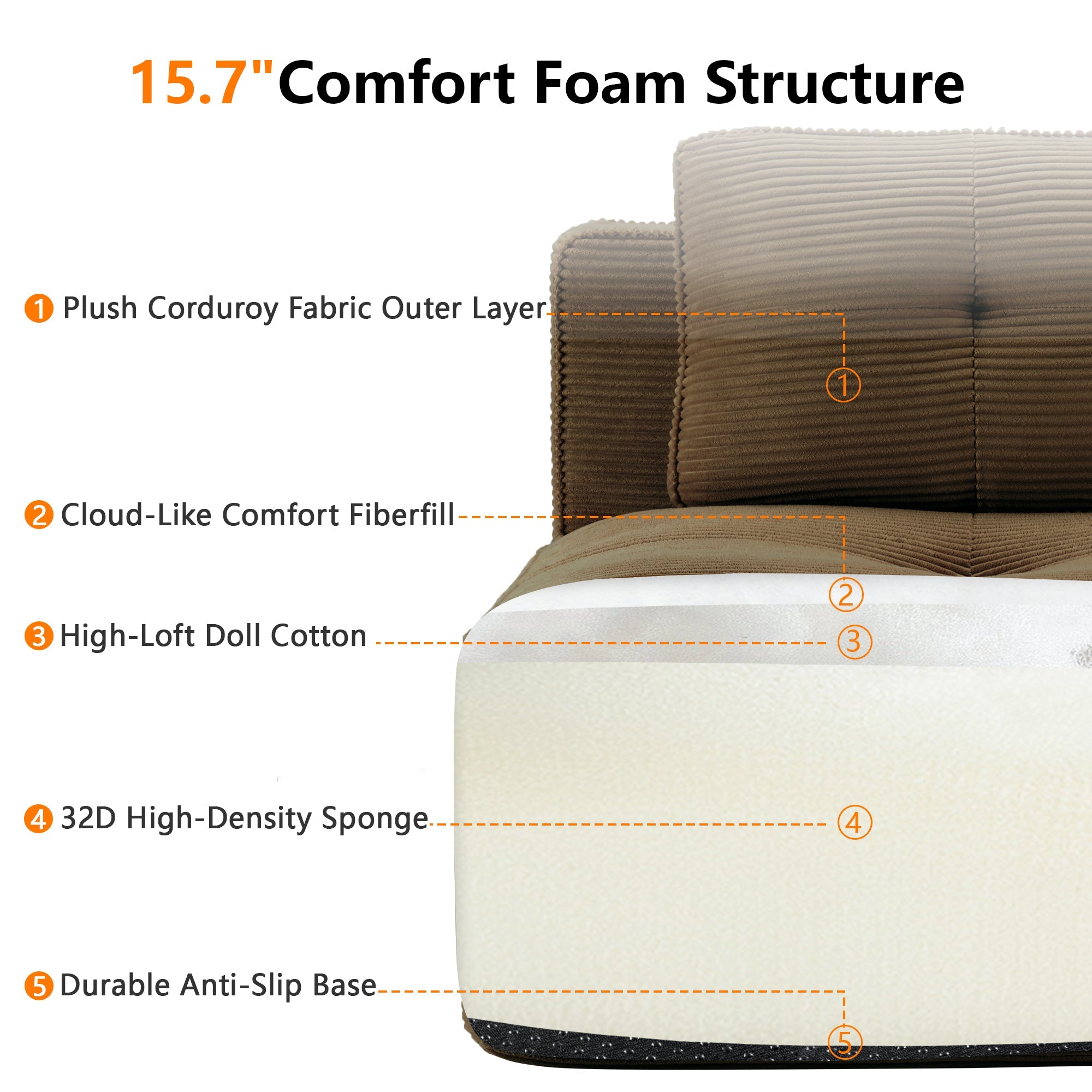Sectional Sofa L-Shape Corduroy Brown 3 Seat Modular with Ottoman