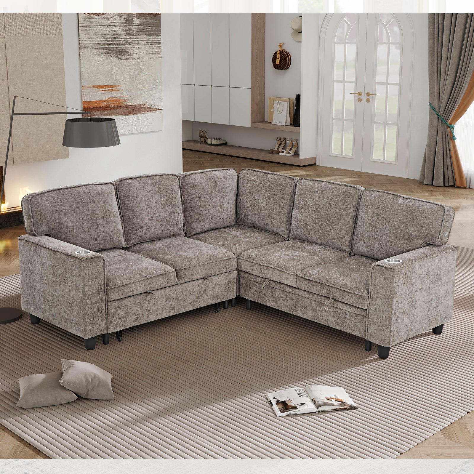 Sectional Sofa L-Shape Chenille Brown 5 Seat USB Ports Pull-Out 81 In