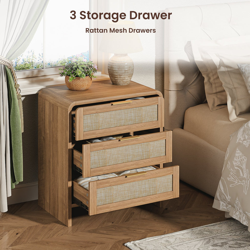 Rattan Nightstand with 3 Drawers, 22.8 in Wide, Curved Wood, Caramel Oak