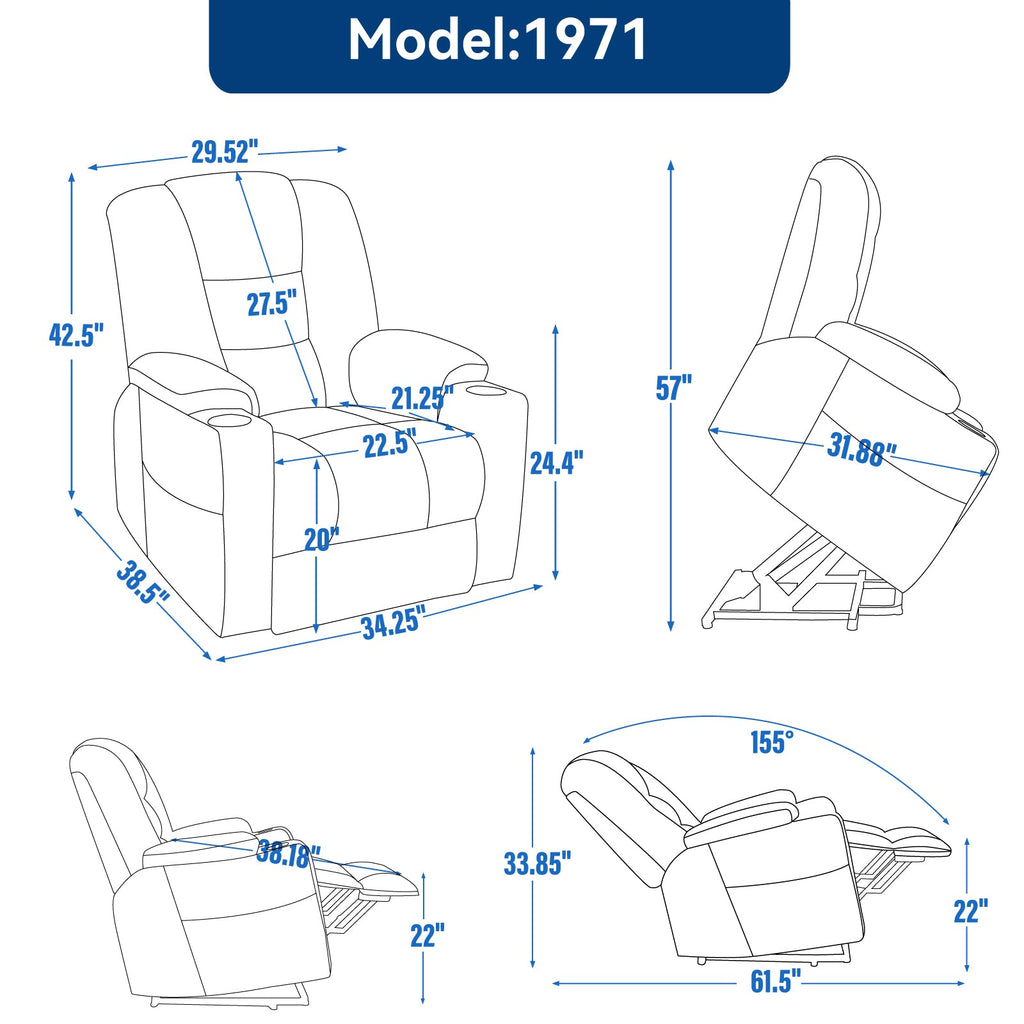 Lift Recliner Chair with Massage and Heat for Elderly, Overstuffed Wide Recliners, Heavy Duty Motion Mechanism with USB and Type C Ports, 2 Steel Cup Holders, Blue Grey