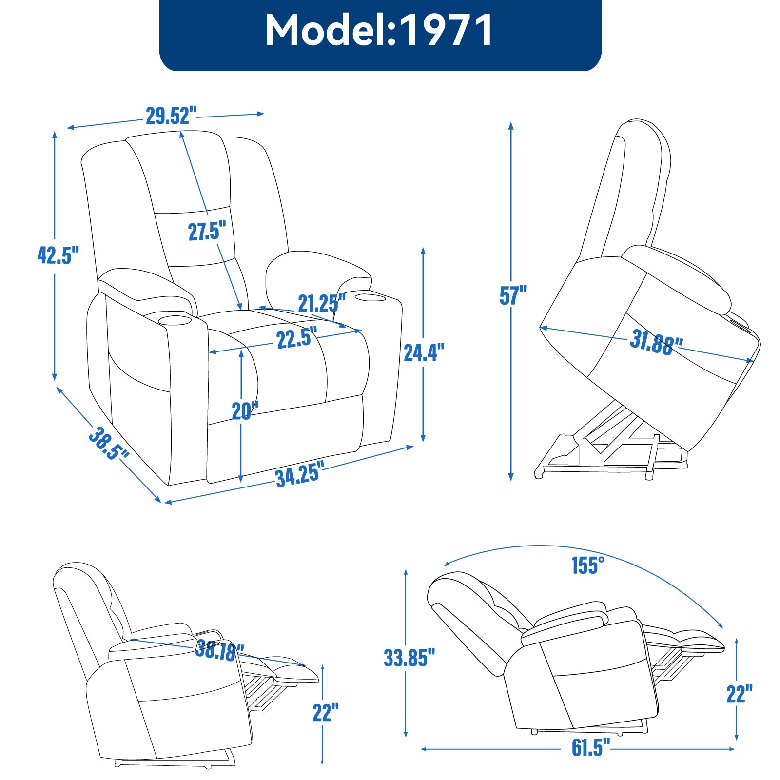 Lift Recliner Chair with Massage and Heat for Elderly, Overstuffed Wide Recliners, Heavy Duty Motion Mechanism with USB and Type C Ports, 2 Steel Cup Holders, Blue Grey