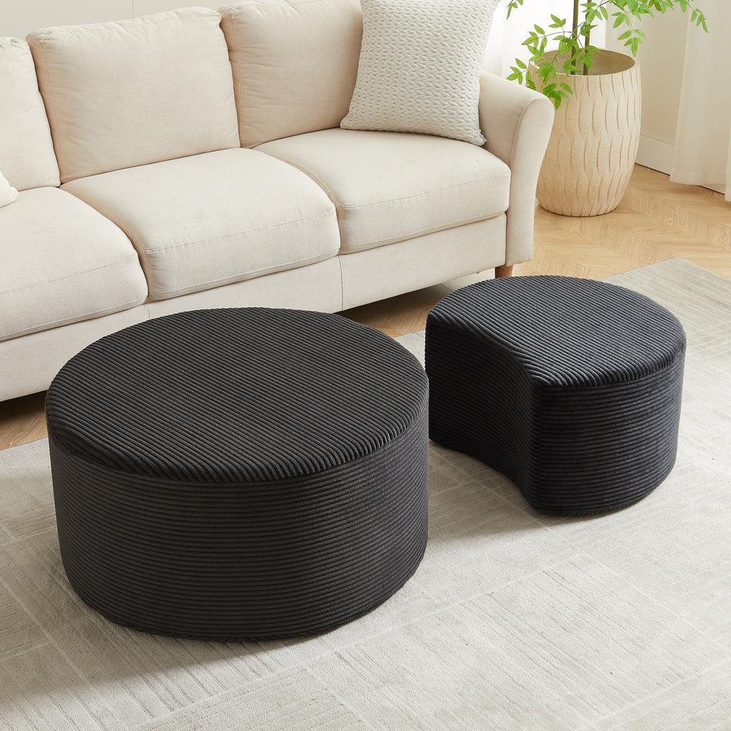 Upholstered Round Coffee Table Set of 2, Black Corduroy Fabric, No Assembly