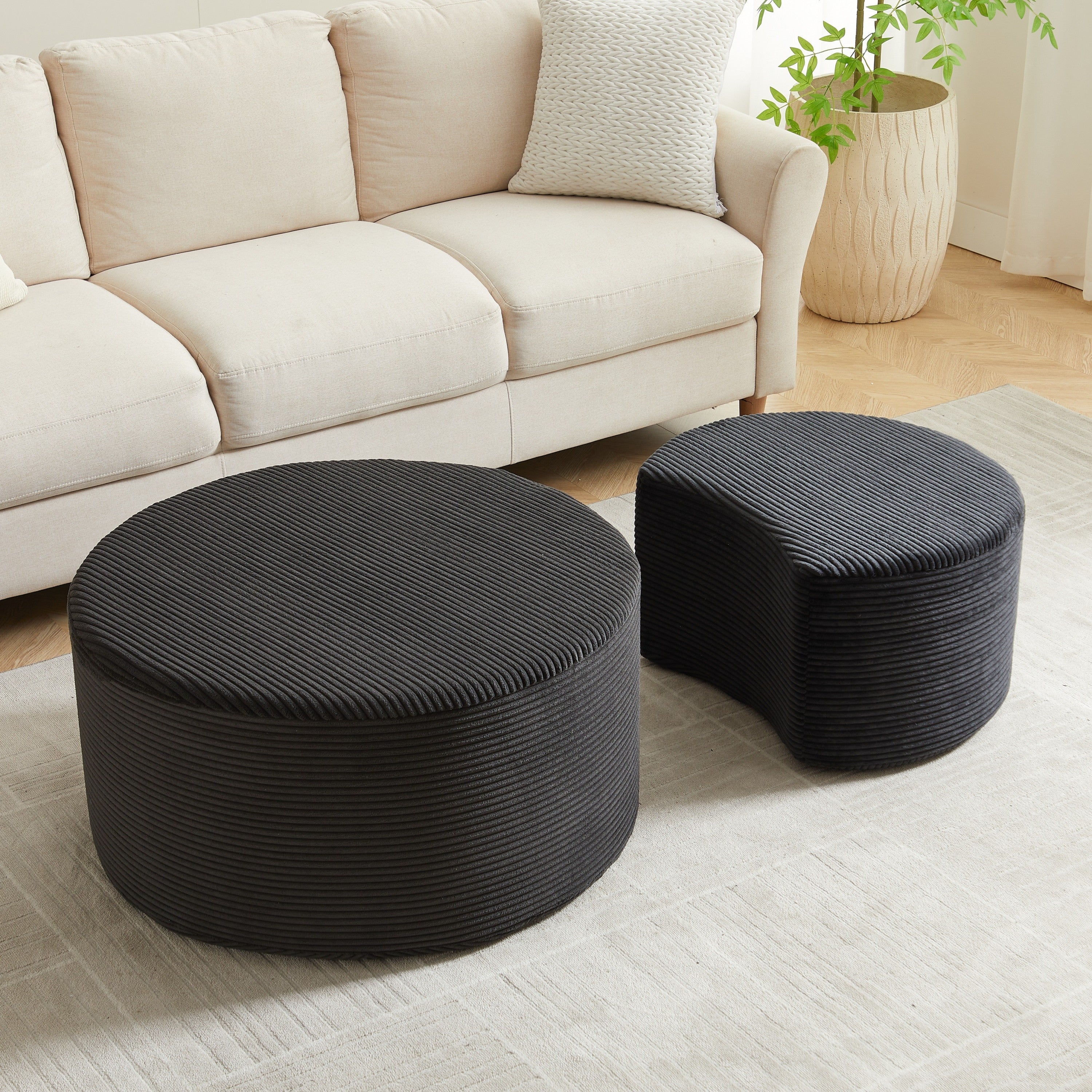 Upholstered Round Coffee Table Set of 2, Black Corduroy Fabric, No Assembly