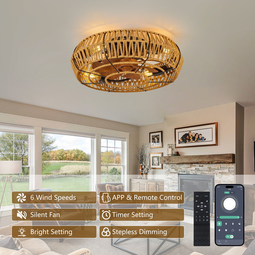 Ceiling Fan Caged Boho Flush Mount with Light Remote 6 Speed 19 In