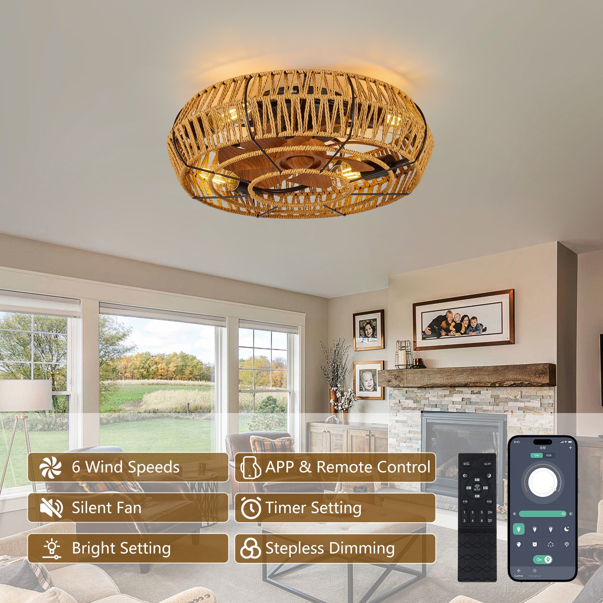 Ceiling Fan Caged Boho Flush Mount with Light Remote 6 Speed 19 In