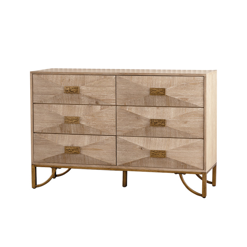 Chest Modern 6-Drawer Natural Wood Geometric Diamond Gold Legs 47.24 In