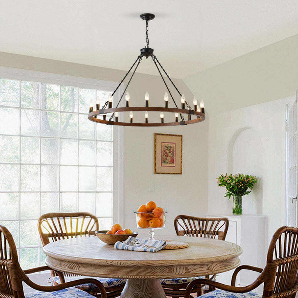 Chandelier Wood Wagon Wheel 20-Light Farmhouse Matte Black 39.3 In