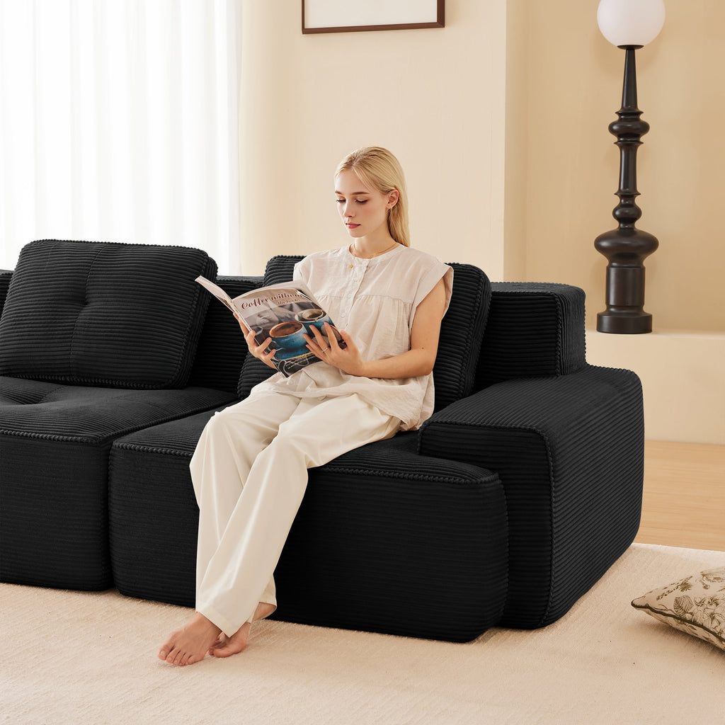 Sectional Sofa Modular Corduroy Black 3 Seater Tufted