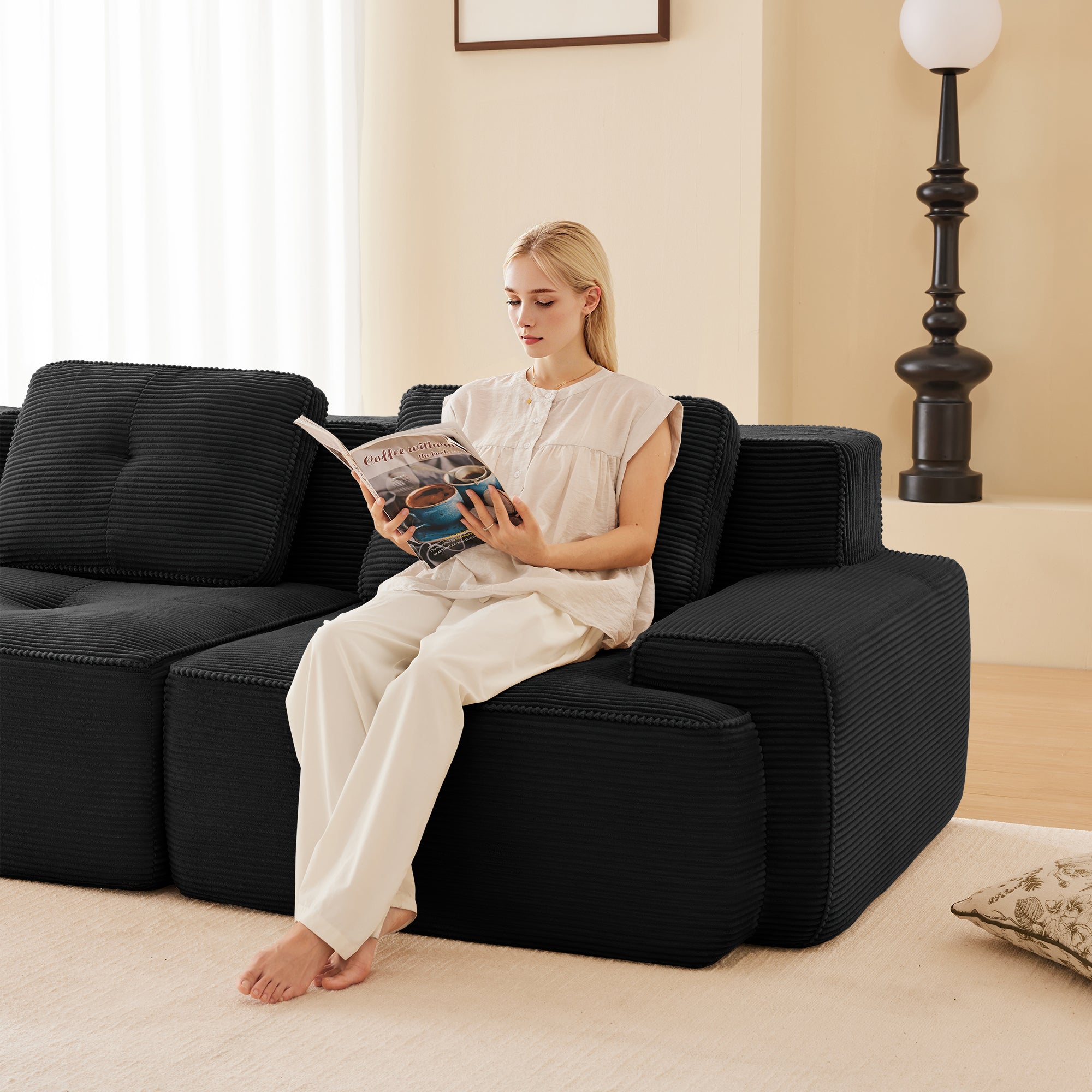 Sectional Sofa Modular Corduroy Black 3 Seater Tufted