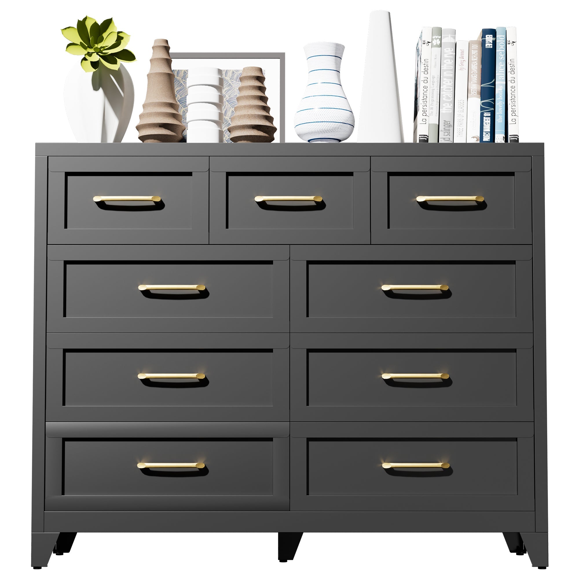 Dresser Tall 9-Drawer Black Steel Smooth-Glide 47.3x15.8x39 In