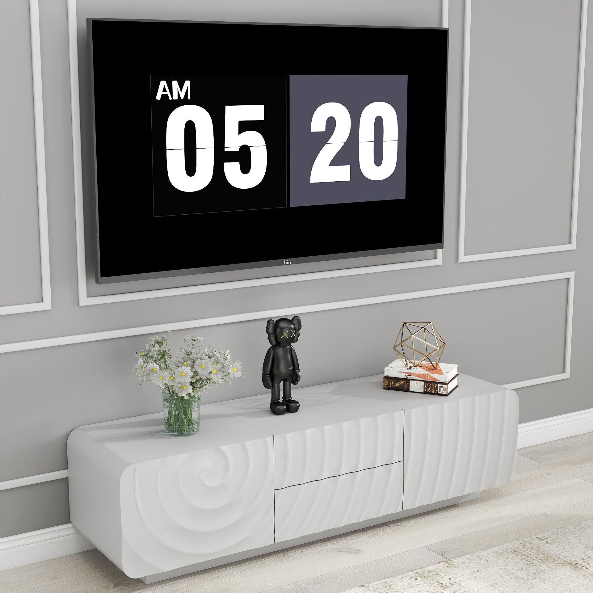 TV Stand Spiral Wave White MDF Floating Base Fits 60 In TV 58.3 In