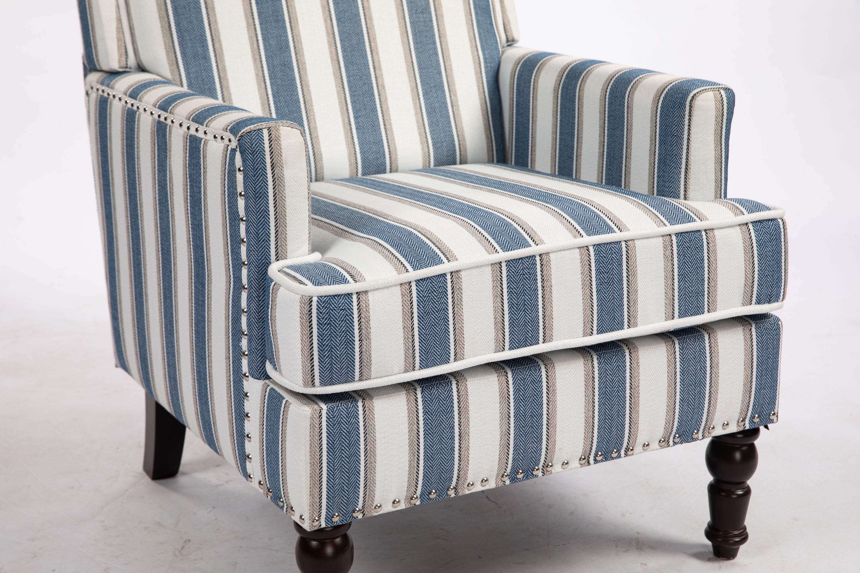 Accent Chair Vintage Striped Linen Blue White Nailhead Solid Wood Legs