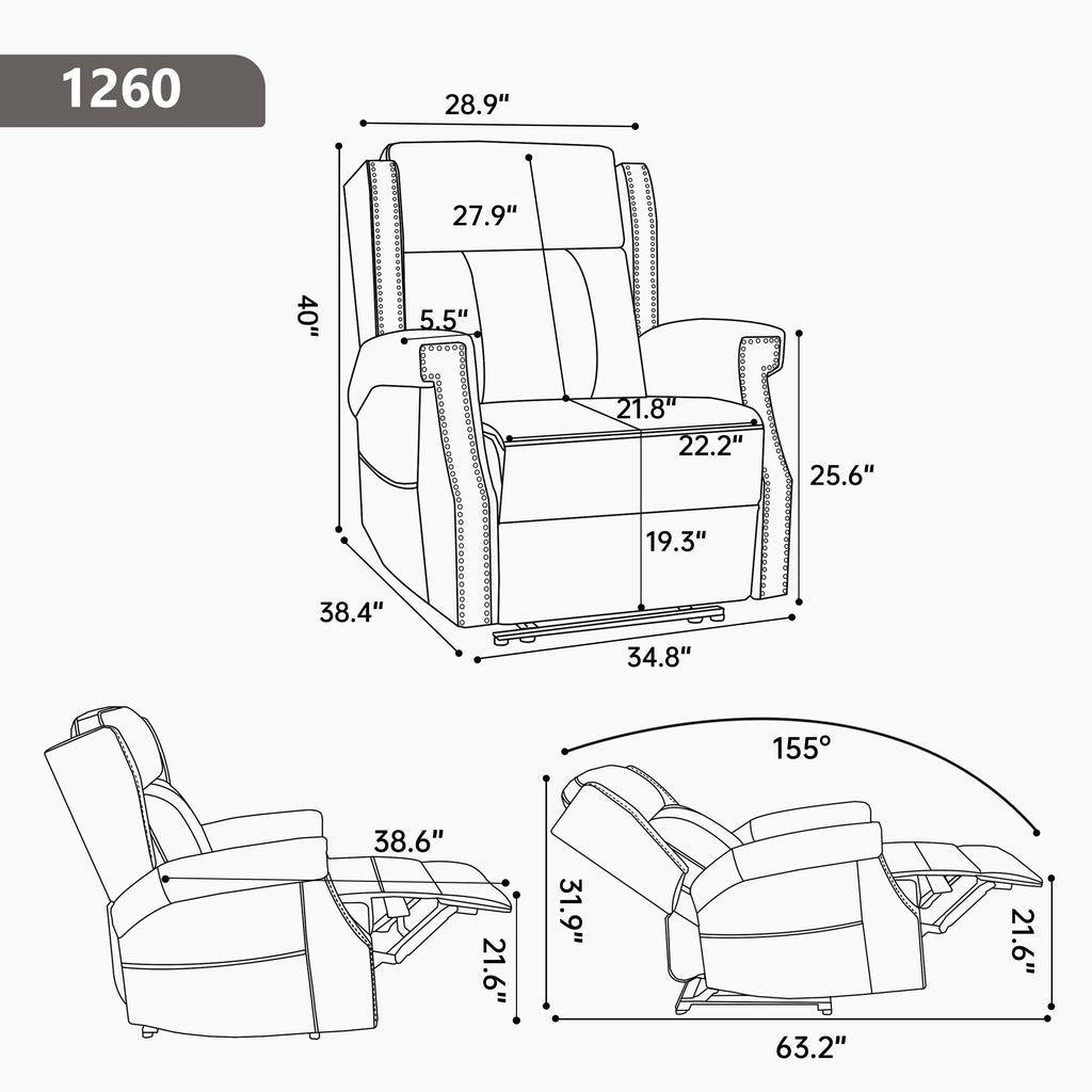 Recliner Chair Manual Faux Leather Gray Heat Massage 155 Degree 8 Nodes