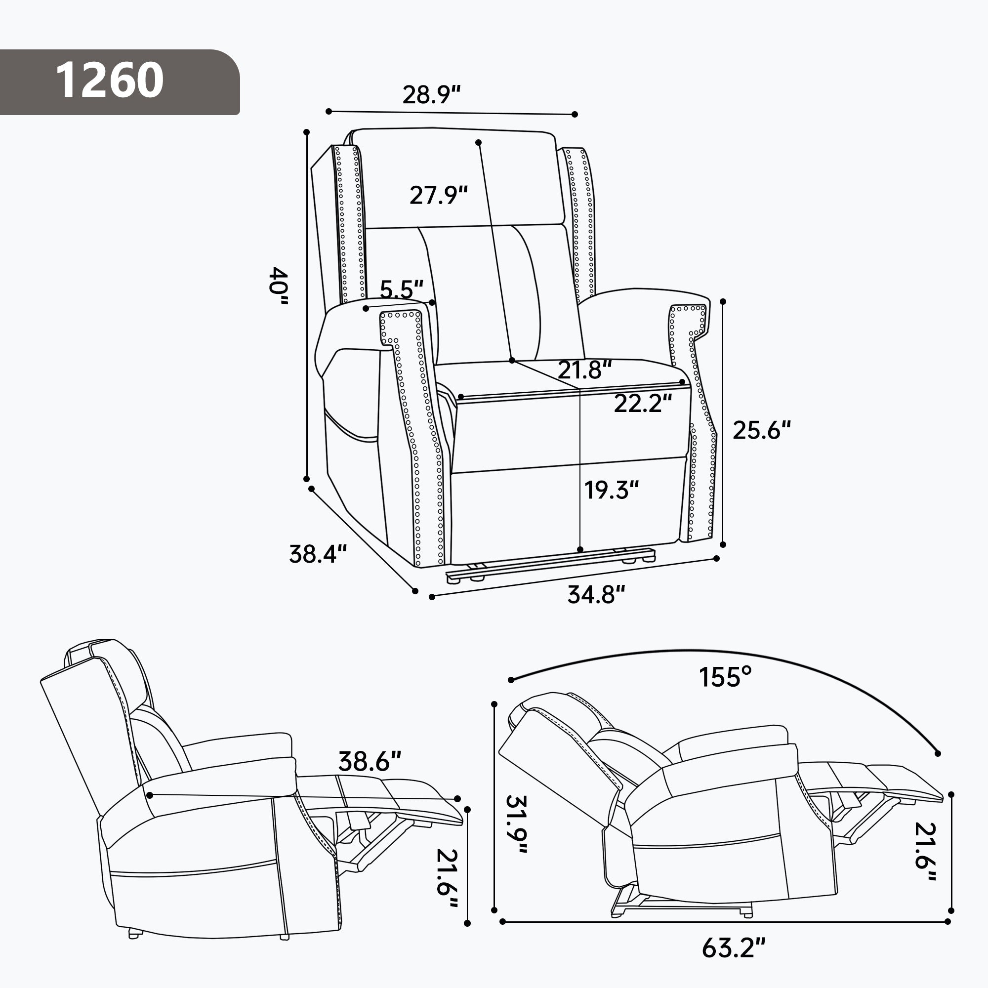 Recliner Chair Manual Faux Leather Gray Heat Massage 155 Degree 8 Nodes