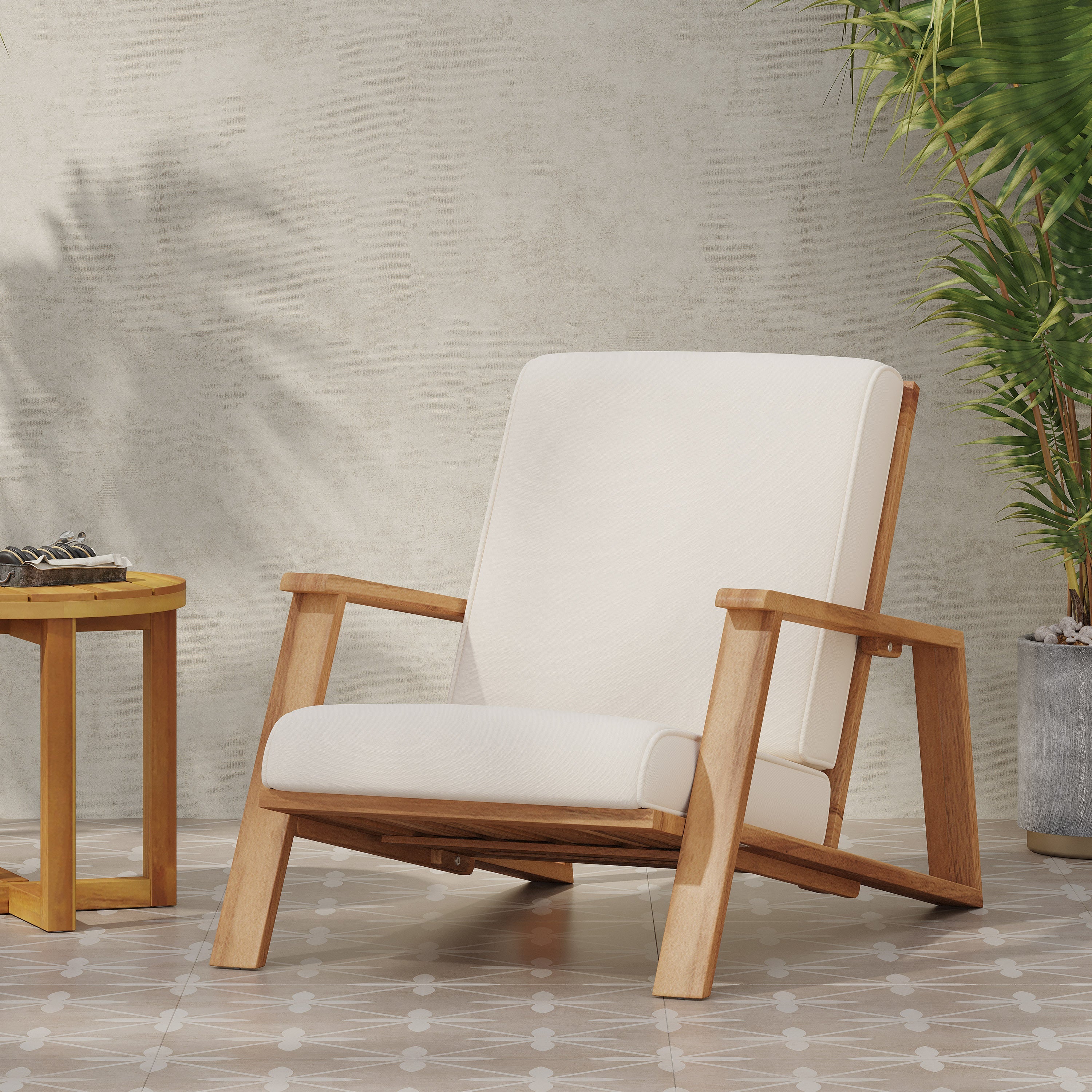 Outdoor Lounge Chair Adirondack Acacia Wood Beige Cushion 400 LB