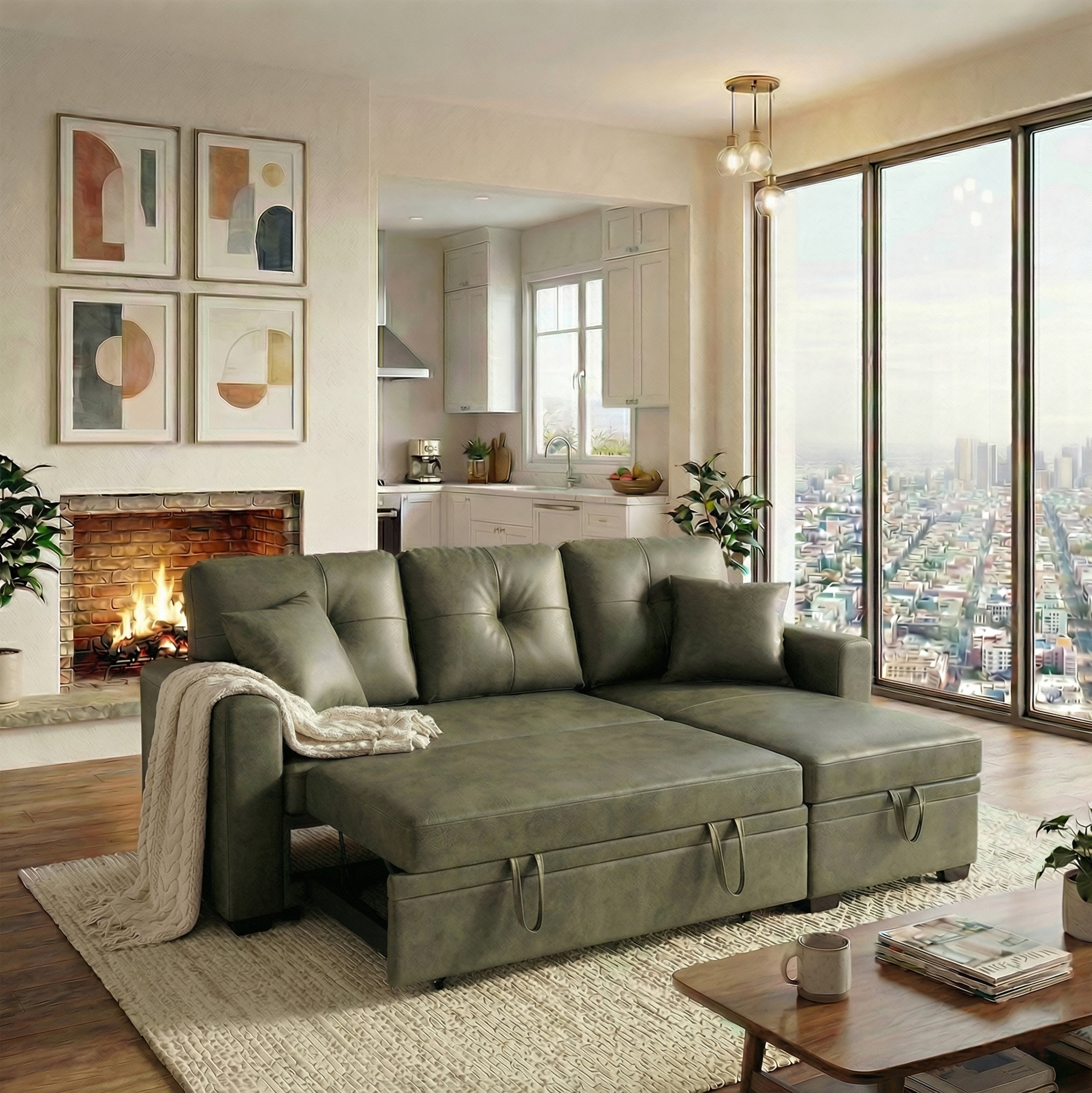 Sectional Sofa l Shaped Olive Green Fabric Sleeper with Small Space Solution
