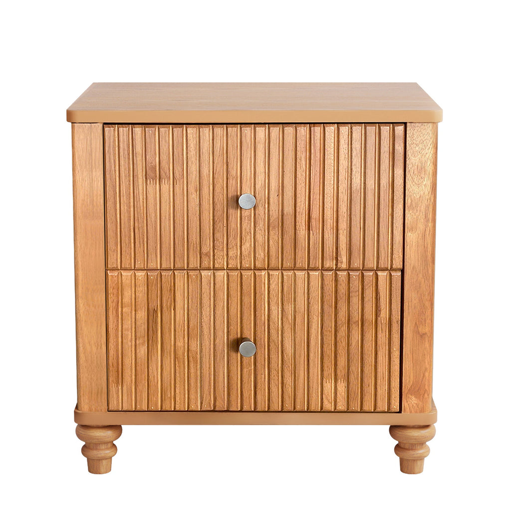 Mid Century Fluted Nightstand with 3 Drawers, 21.65 in Wide, Natural, 2-Piece